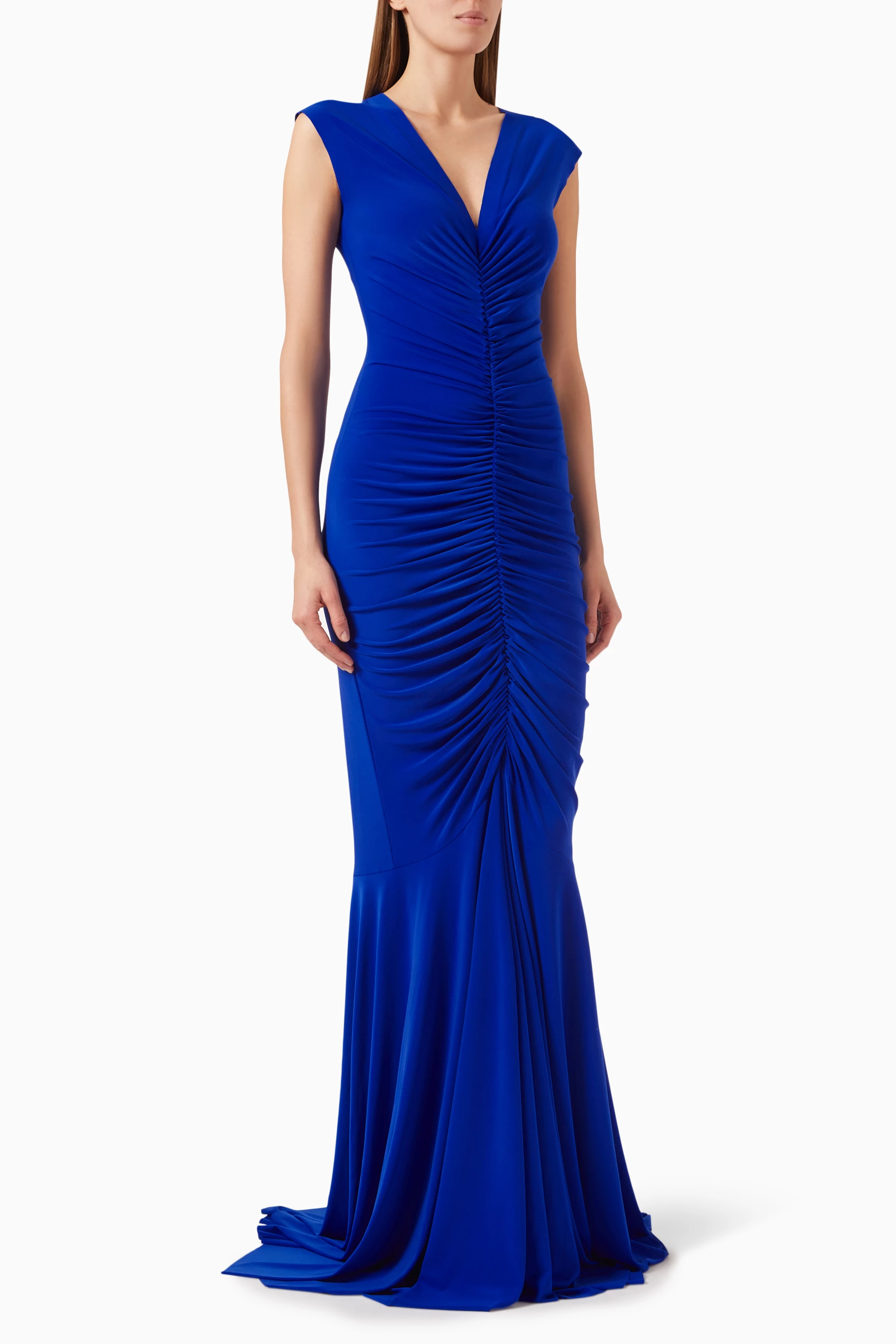 Sleeveless Deep V Neck Shirred Front Fishtail Gown
