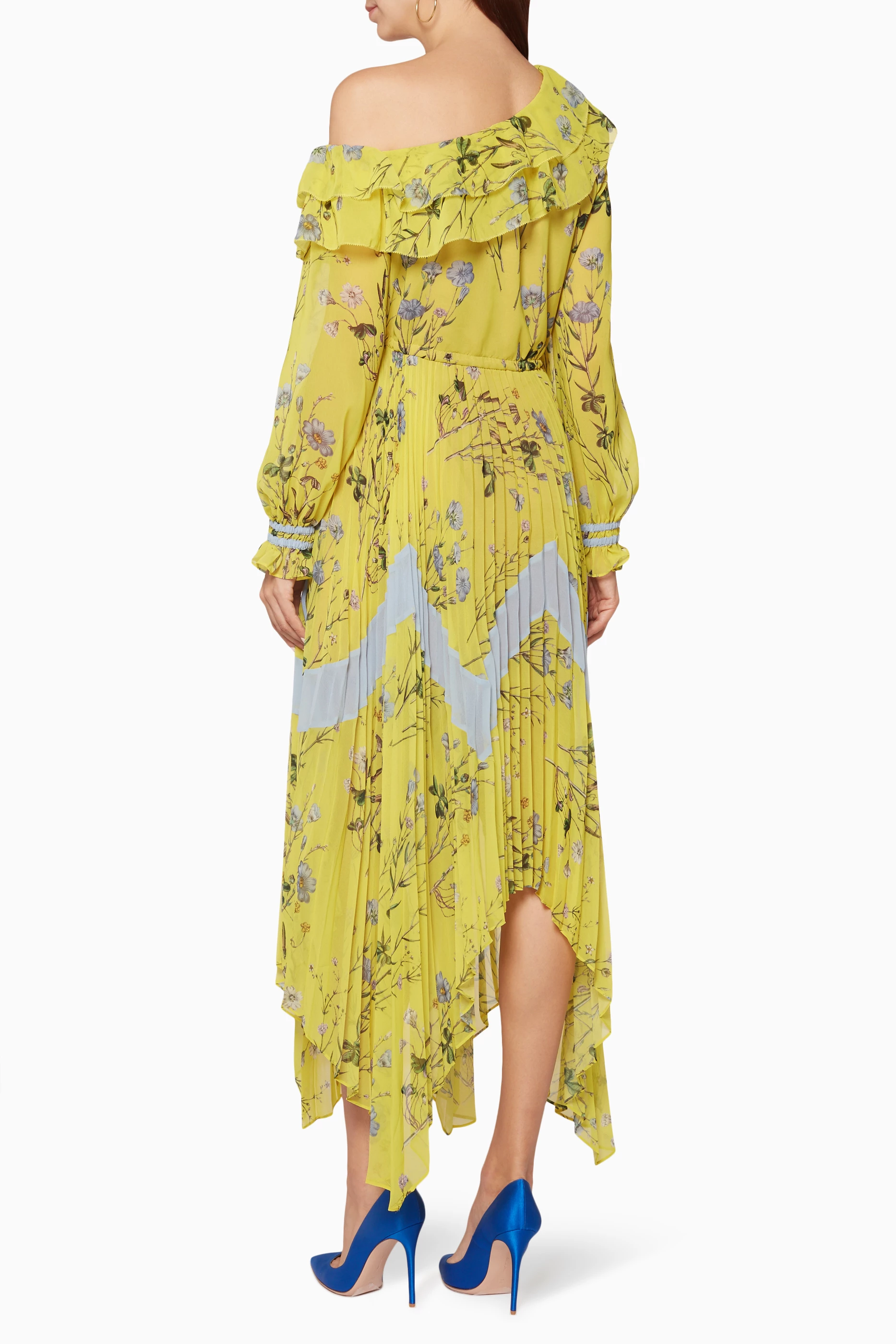 Buy Self-Portrait Yellow Yellow Floral Printed Pleated Dress For Women  Online | Ounass Saudi