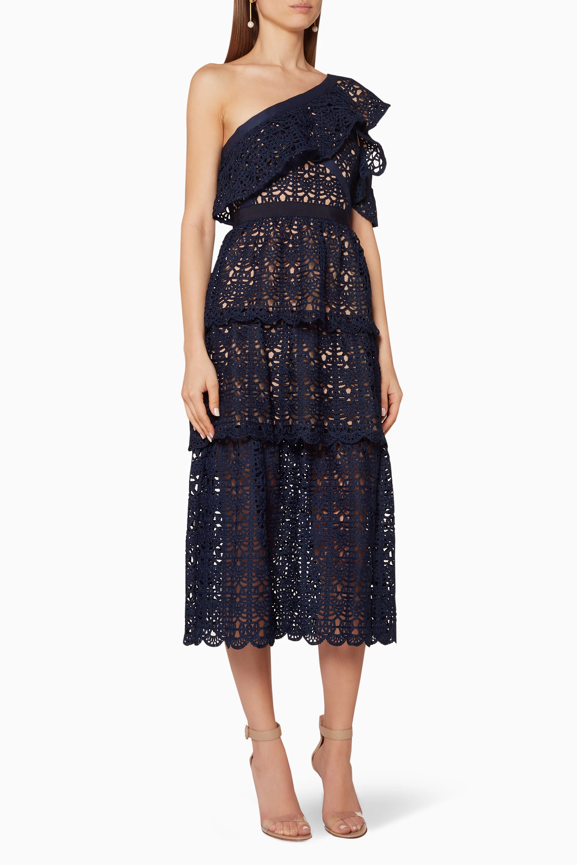 self portrait one shoulder ruffle dress Self-Portrait Georgette Ruffled One-Shoulder Maxi Dress - Pink
