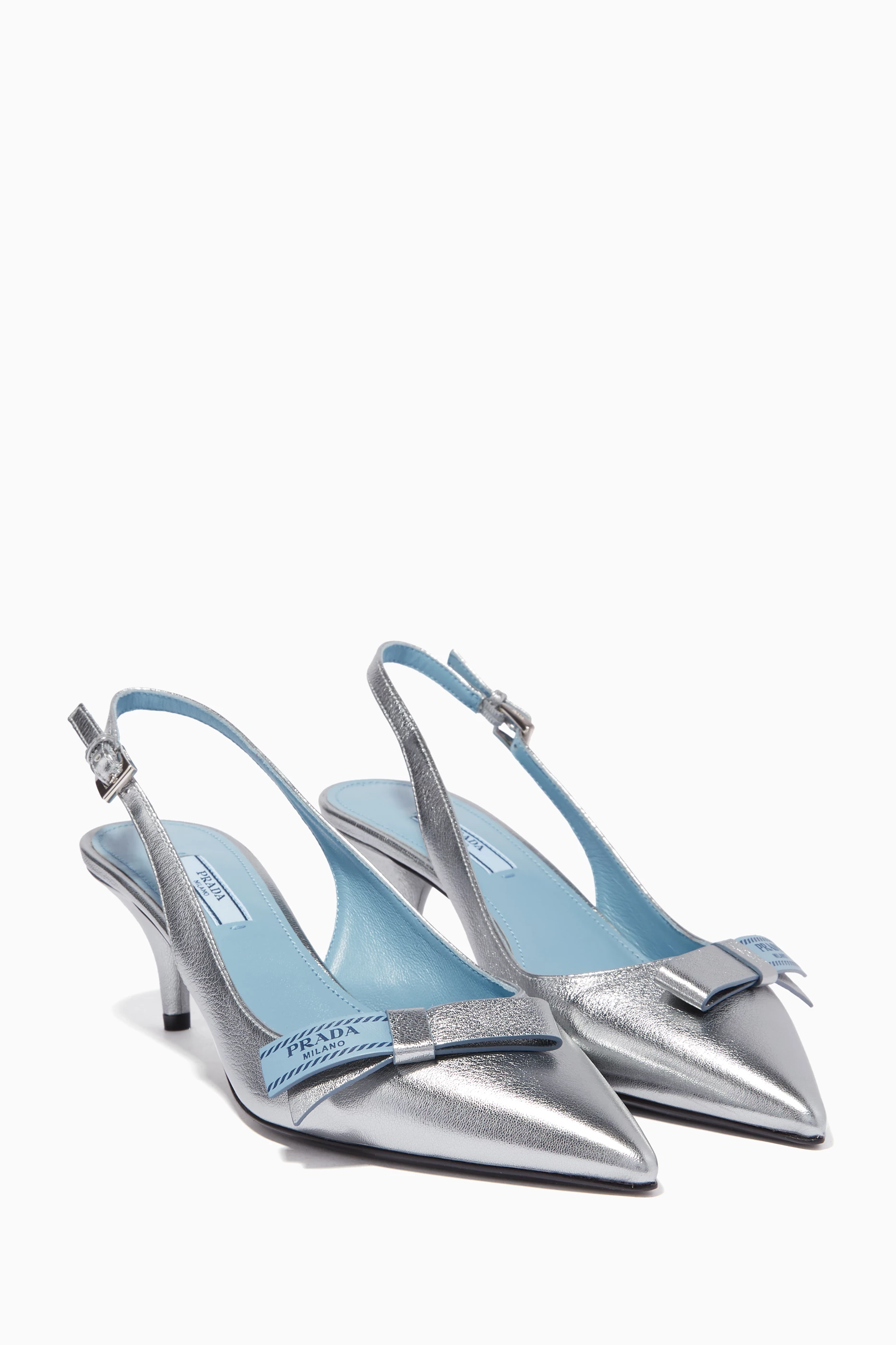 Buy Prada Silver Metallic-Silver Etiquette Leather Slingback