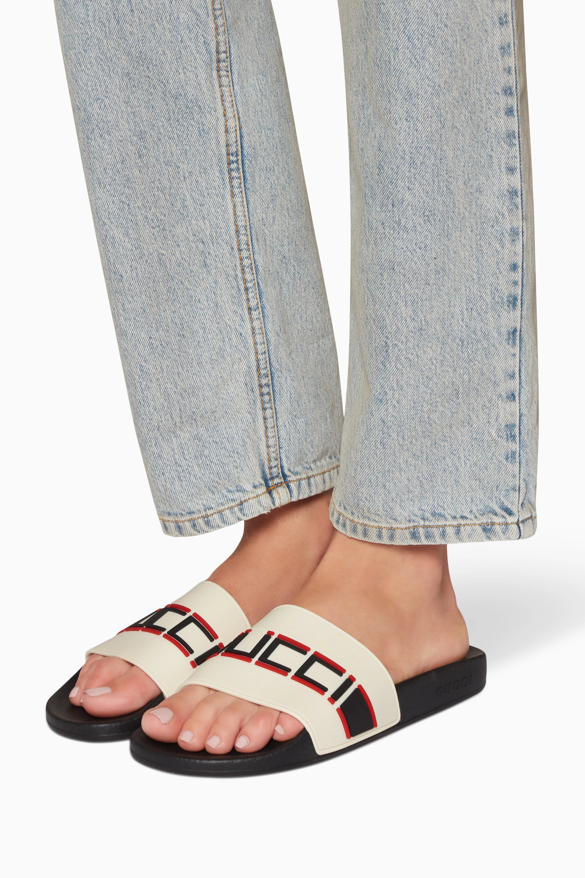 Buy Gucci Neutral Off White Stripe Rubber Slide Sandals For Women Online Ounass Saudi