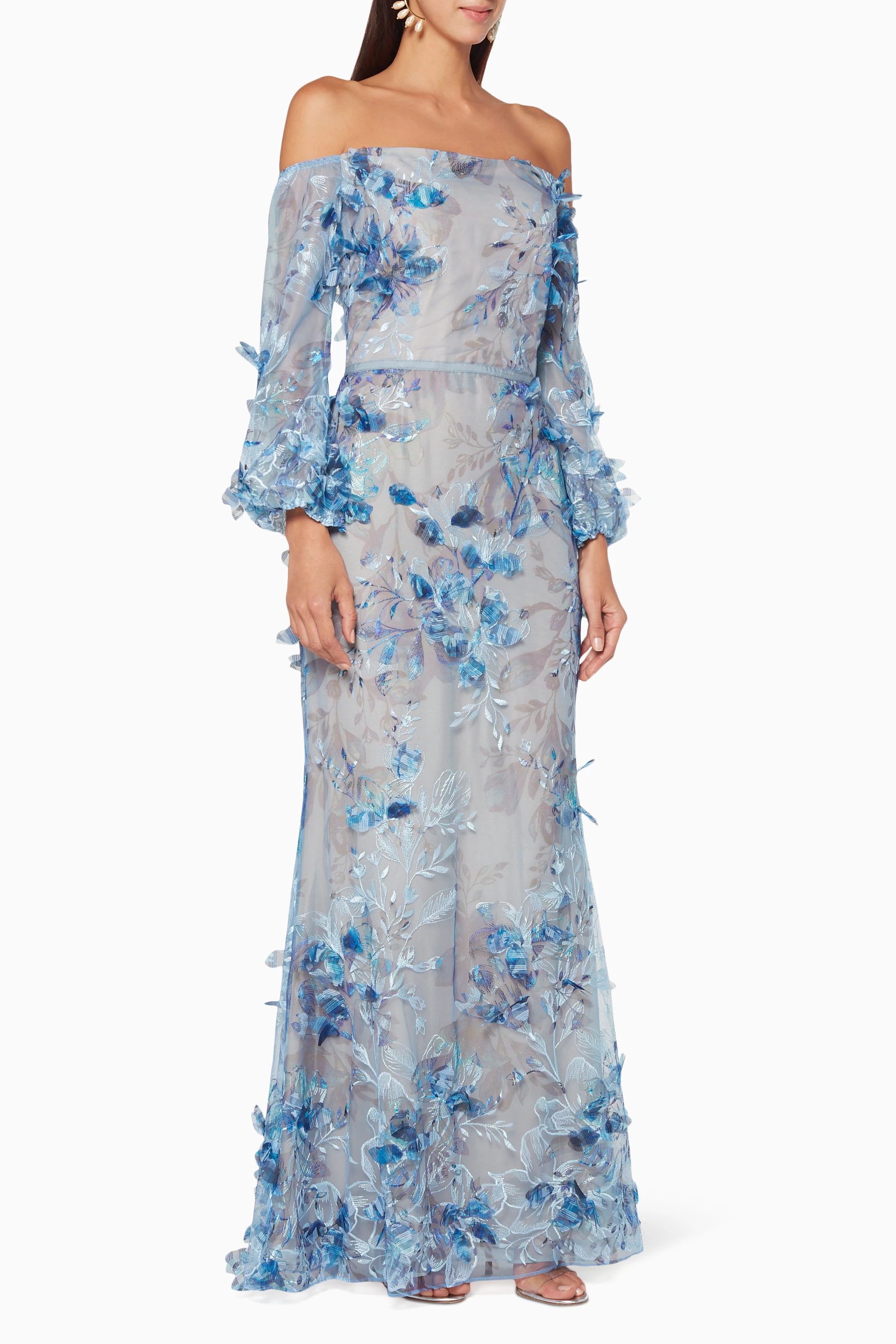 Buy Marchesa Notte Blue Light Blue Floral Applique Embellished Gown For Women Online Ounass Saudi
