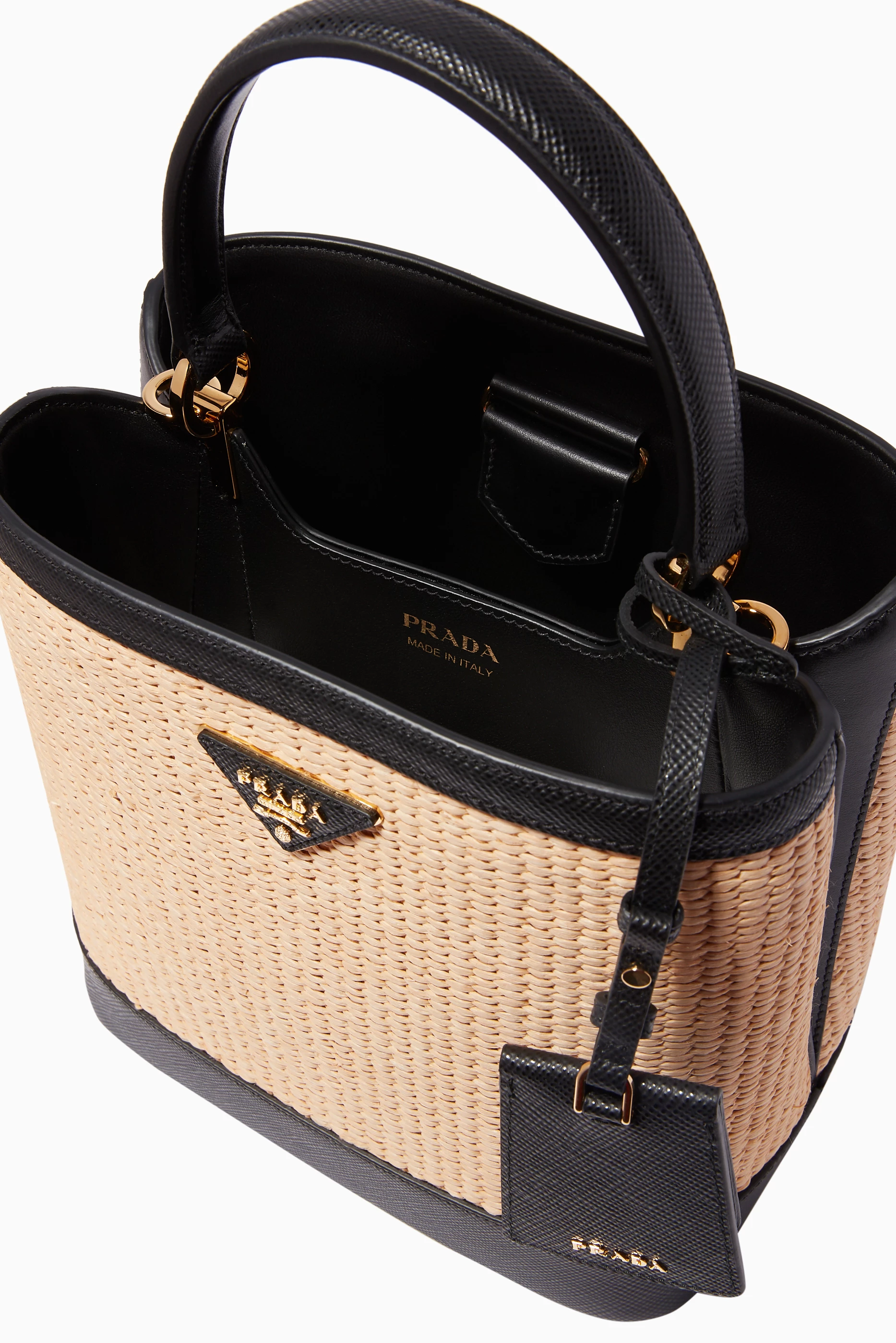 Buy Prada Black Medium Straw Saffiano Leather Bucket Bag For Women Online Ounass Saudi