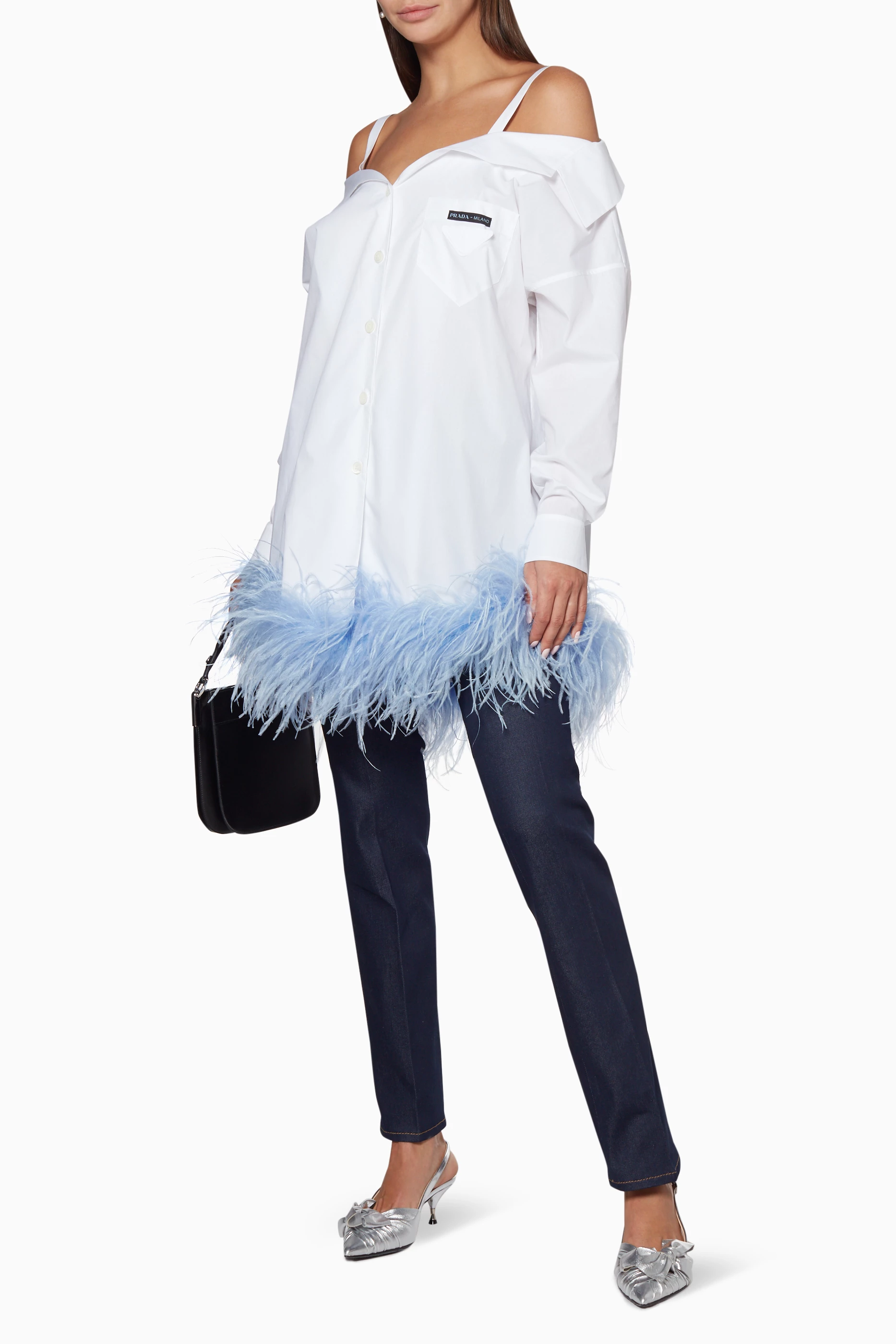 Buy Prada White Feather Trimmed Cold Shoulder Shirt For Women Online Ounass Saudi