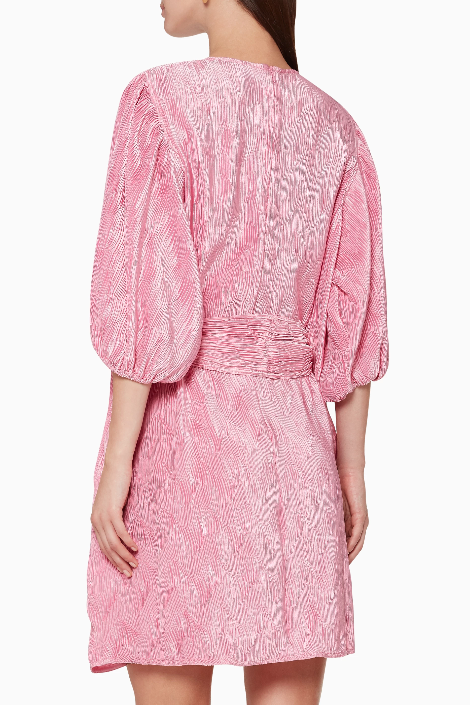 ganni belted pliss-satin mini dress GANNI Belted Pliss-Satin Mini Dress