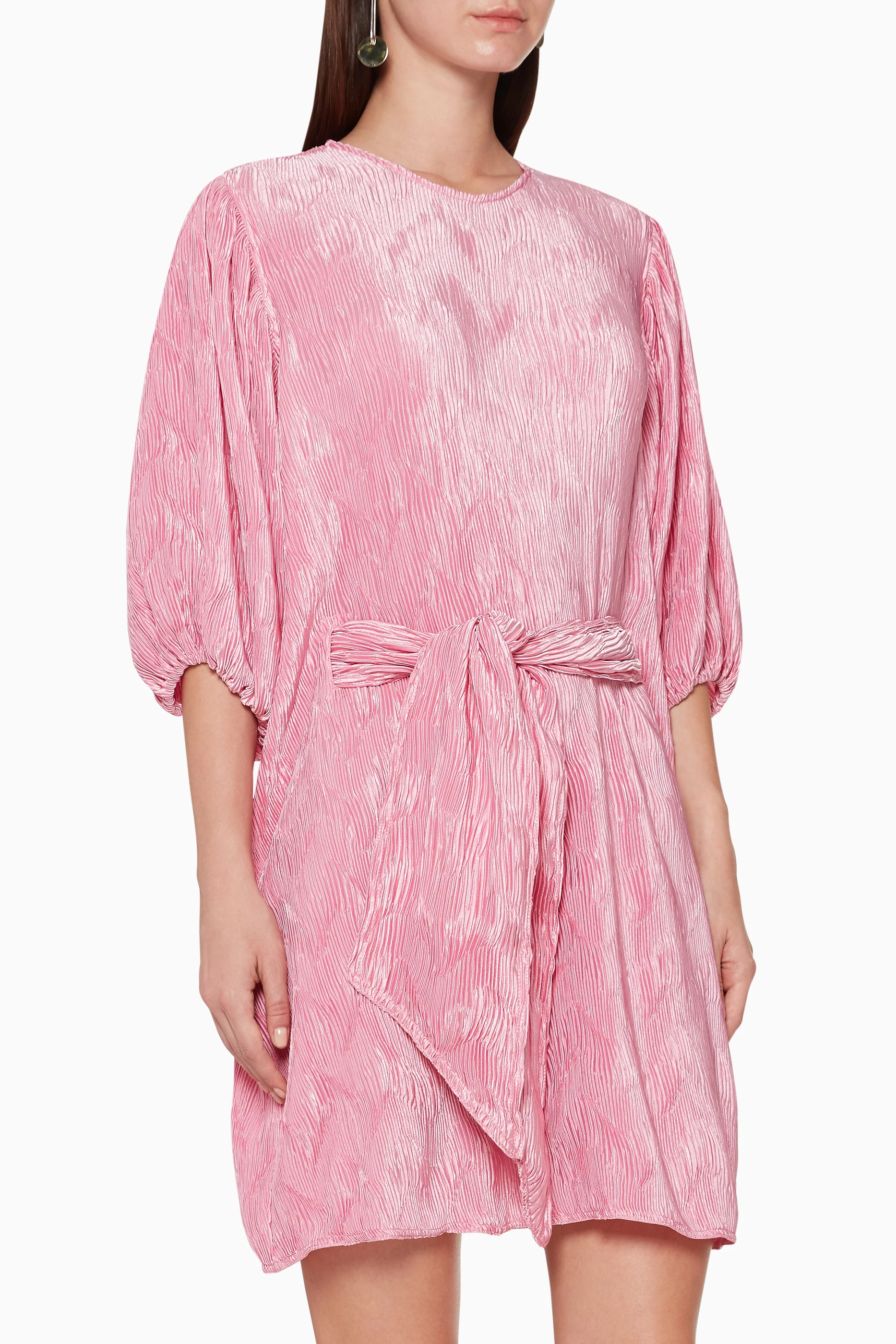Buy Ganni Pink Pleated Waist-Tie Satin Dress For Women Online