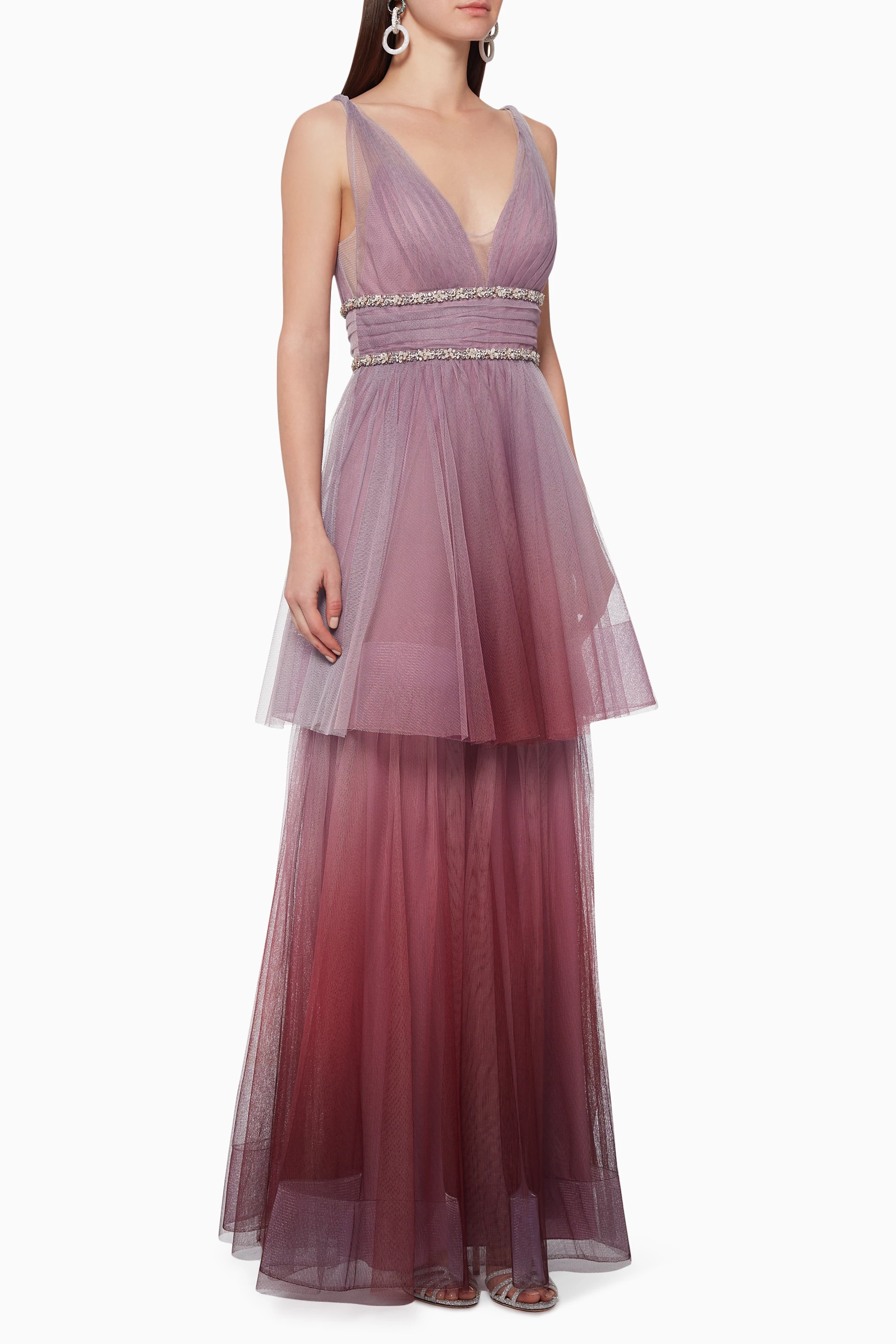 Buy Marchesa Notte Purple Ombre Tulle Tiered Gown For Women Online