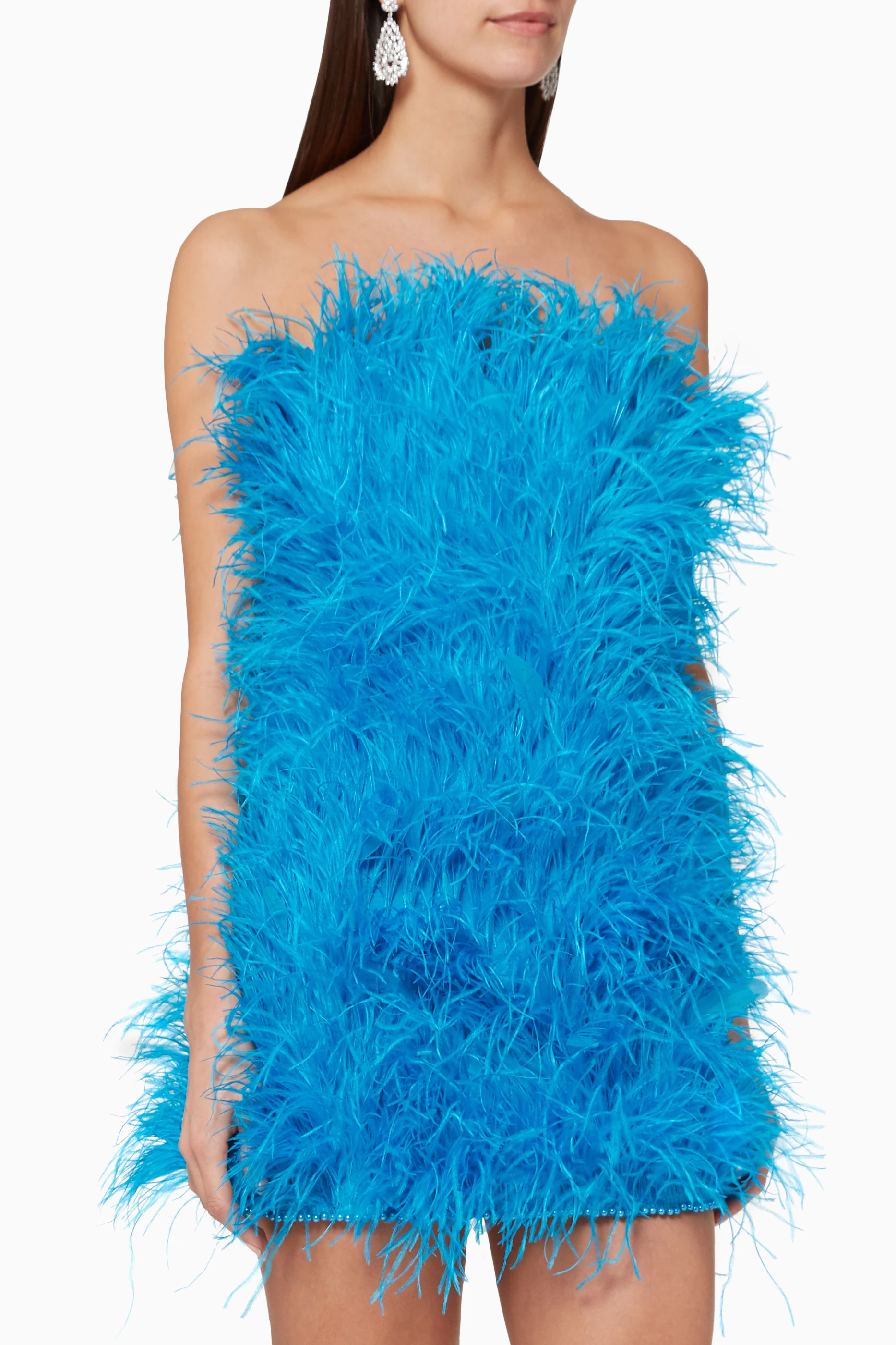 attico blue feather dress Blue Chiffon Modest Long Ruffle Sleeves Party Dress 16W main image 0
