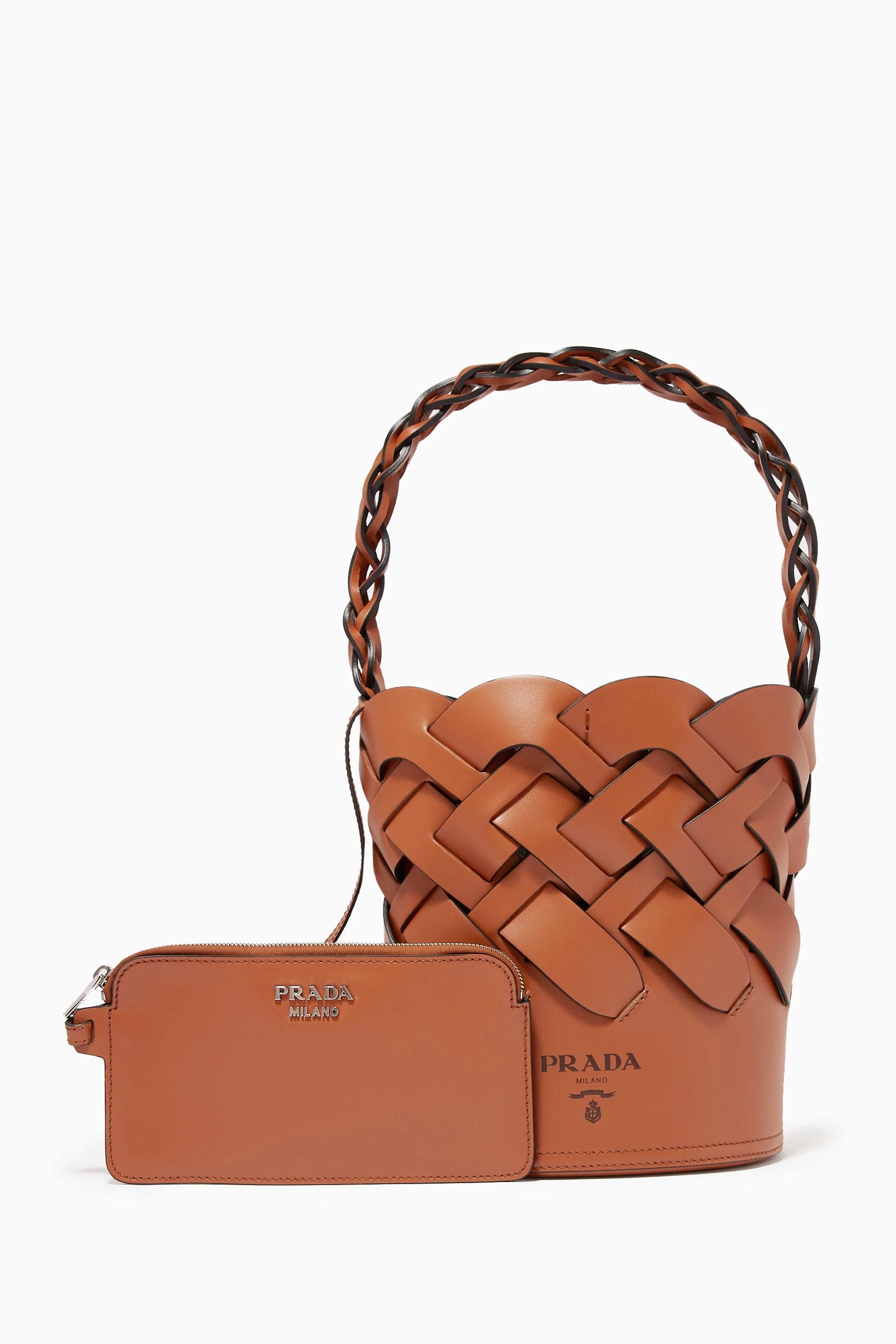 Buy Prada Brown Woven Leather Bucket Bag For Women Online Ounass Saudi