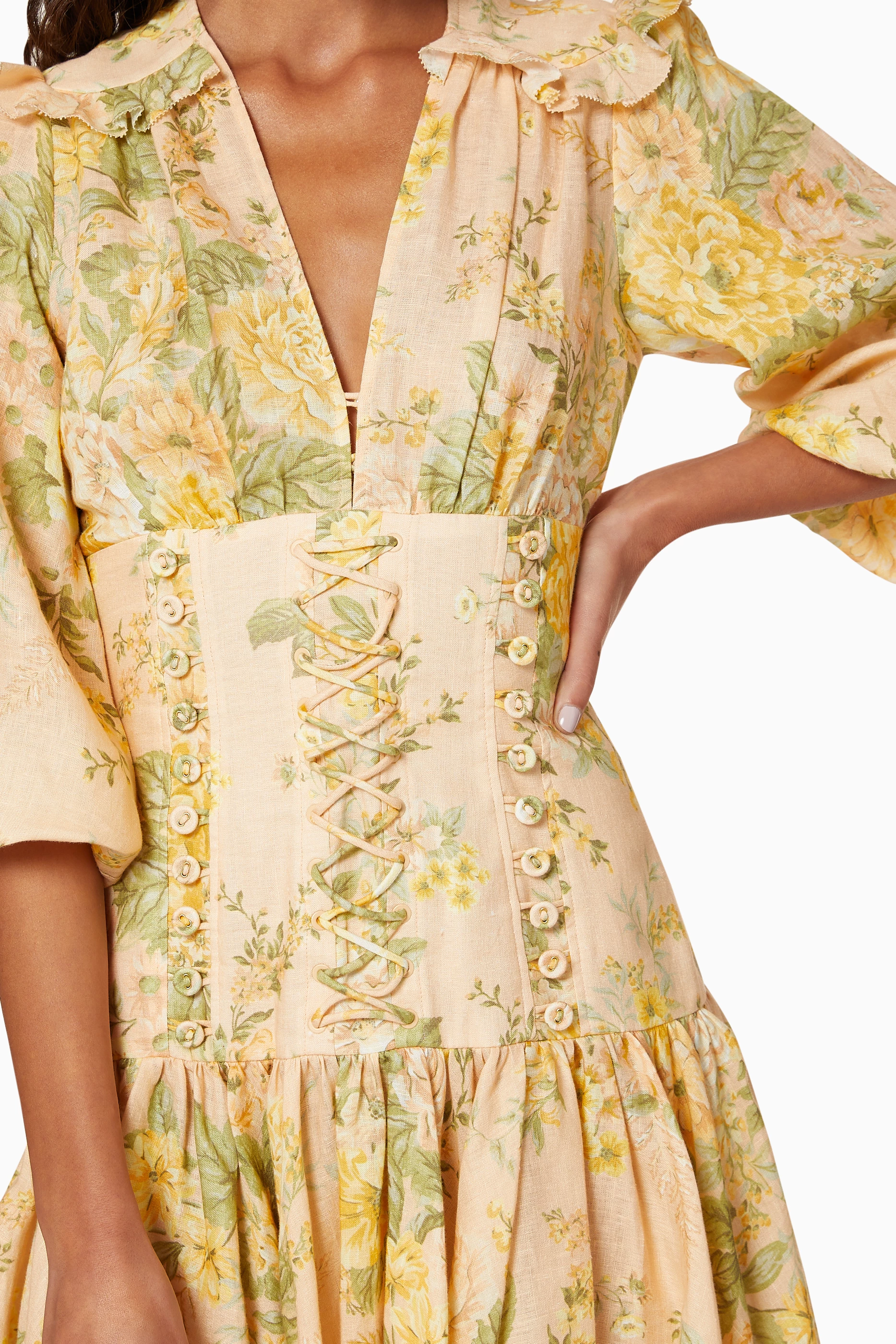 zimmermann amelie corset dress ZIMMERMANN Amelie Floral-Print Broderie-Anglaise Linen Dress