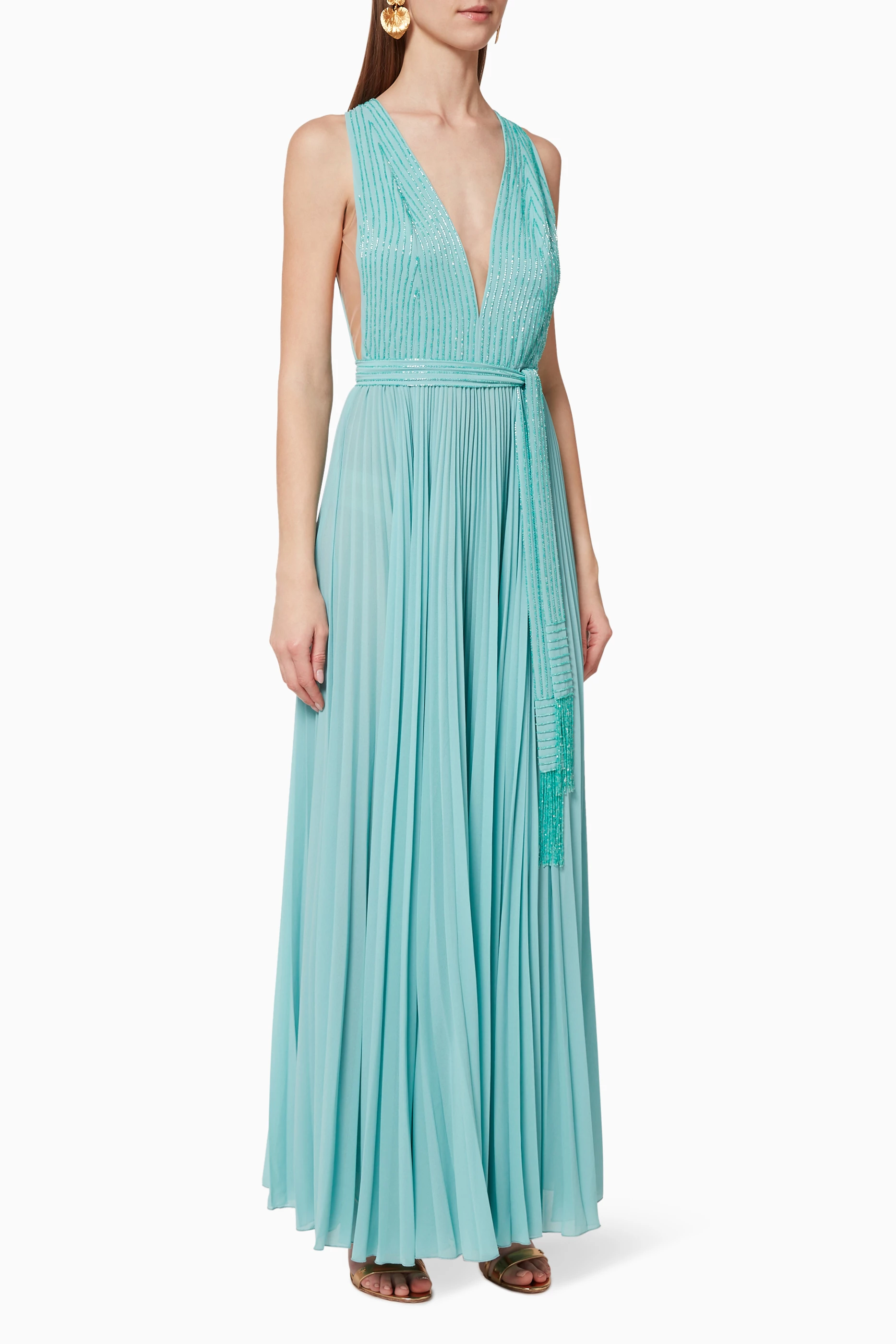 残りわずか【ELISABETTA FRANCHI】スパンコールドレス③グリーン Buy Elisabetta Franchi Green Pleated Maxi Dress For Women