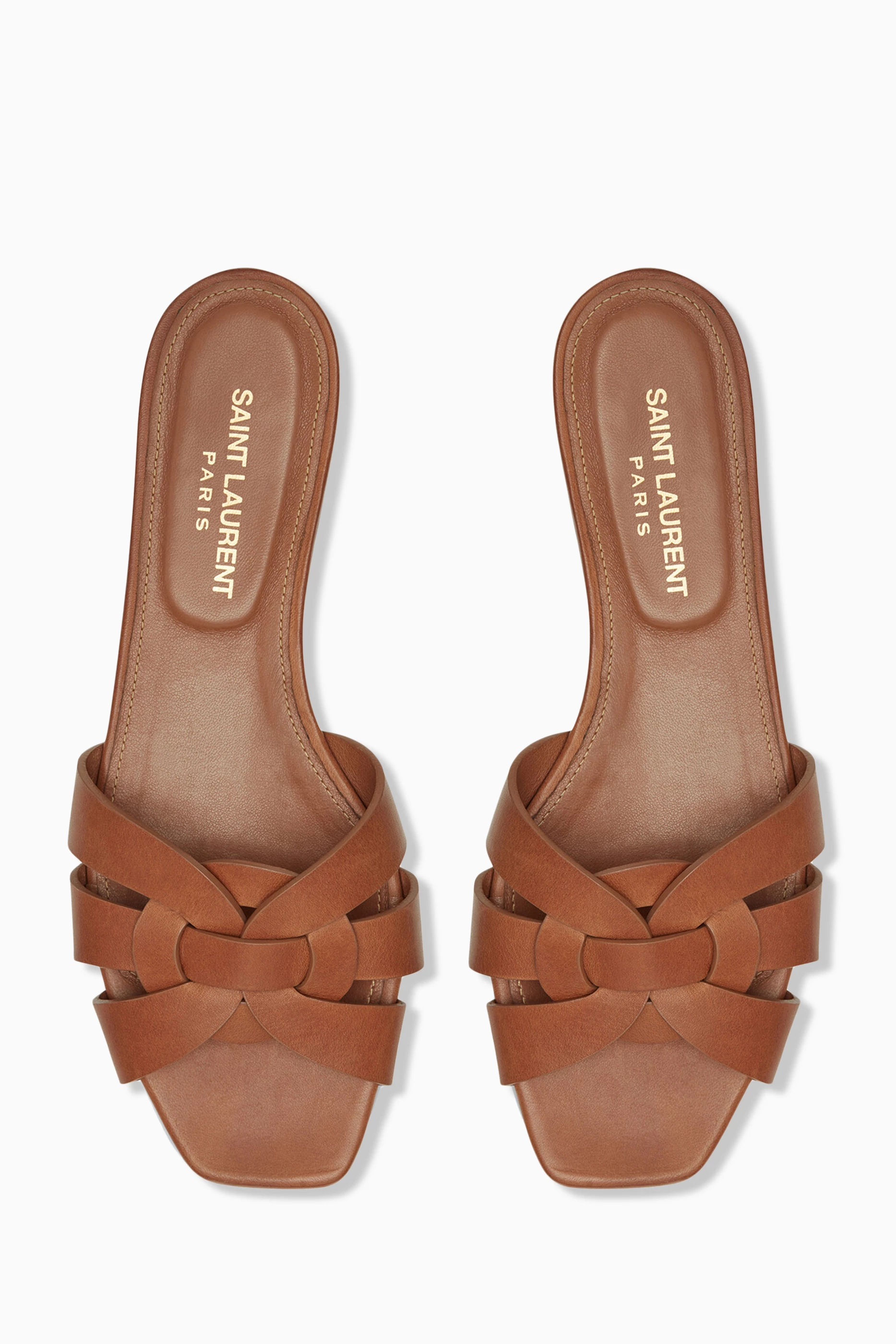 Buy SAINT LAURENT Brown Tribute Flat Sandals in Smooth Leather For