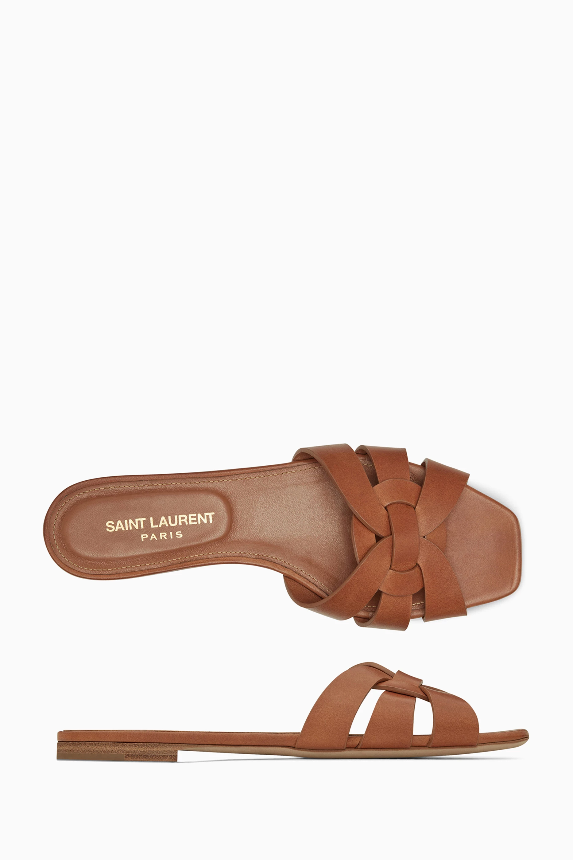 Buy SAINT LAURENT Brown Tribute Flat Sandals in Smooth Leather For