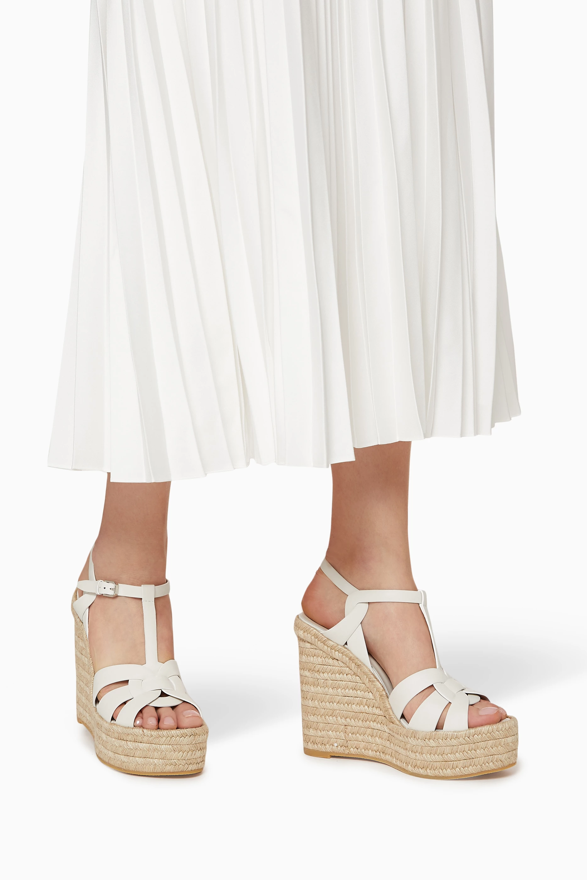 Buy SAINT LAURENT White Tribute 130 Wedge Espadrilles in Smooth Leather For Women Online Ounass Saudi