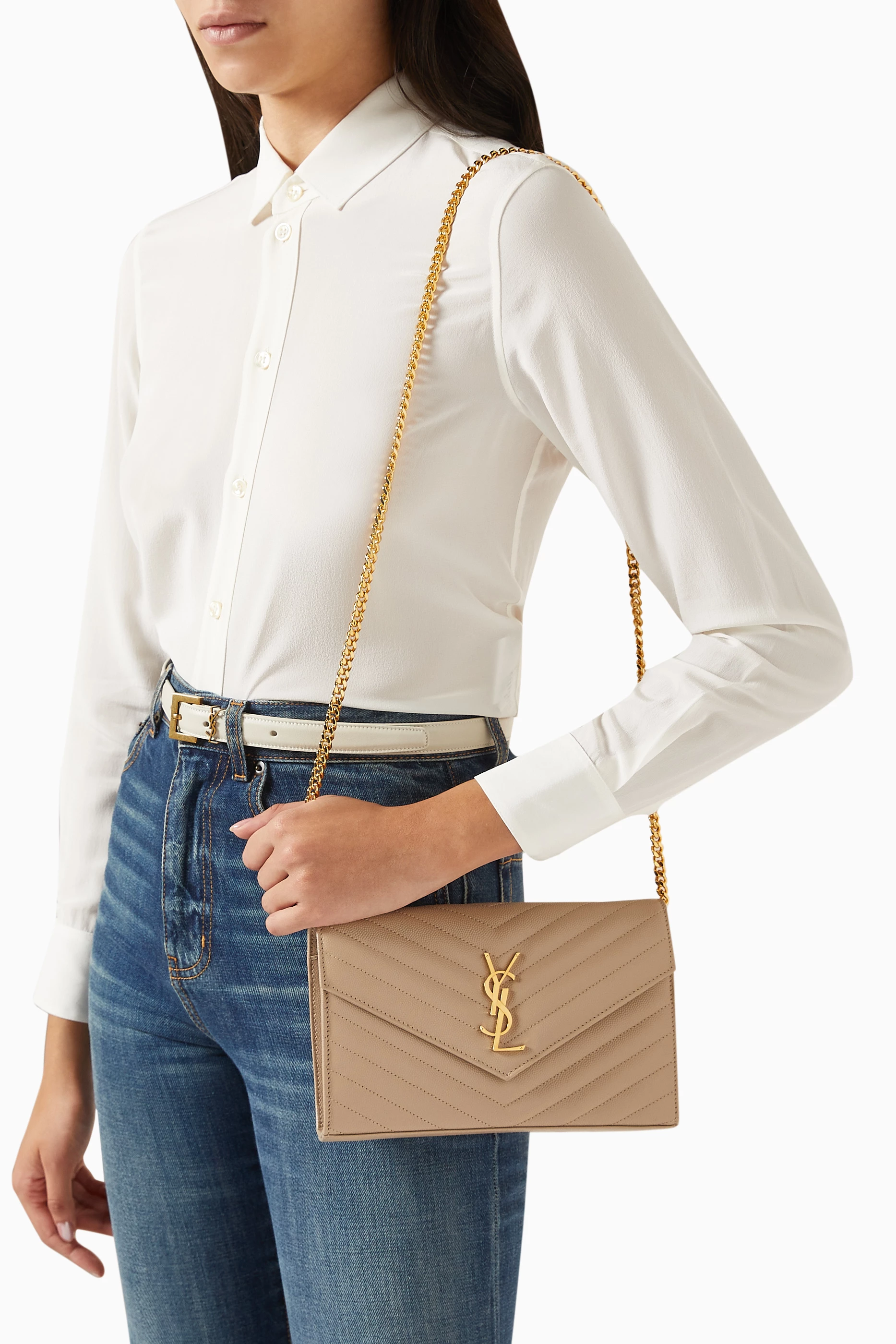 Buy SAINT LAURENT Neutral Cassandre Chain Wallet in Matelasse Leather For Women Online Ounass Saudi