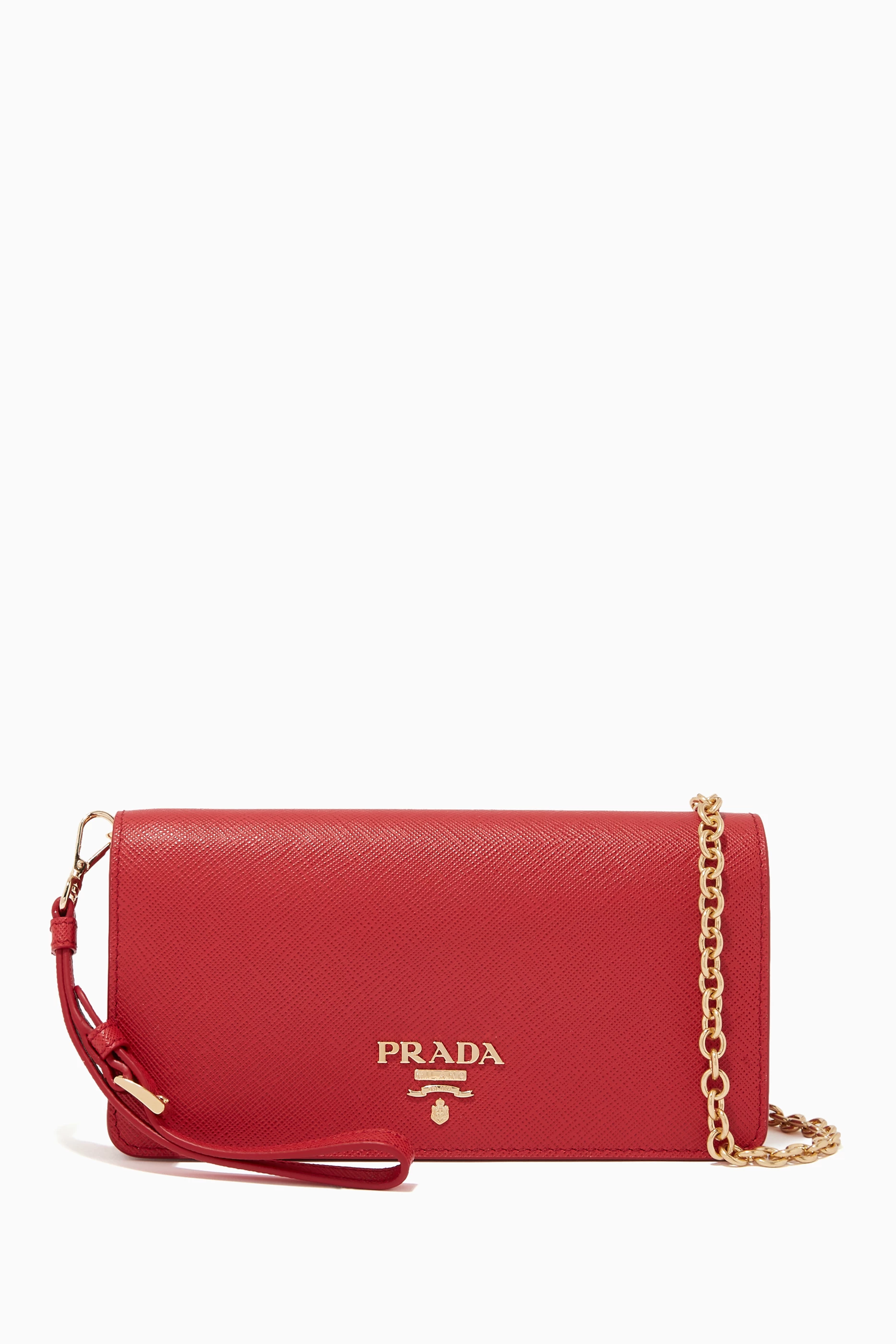 Prada red wallet on chain shop