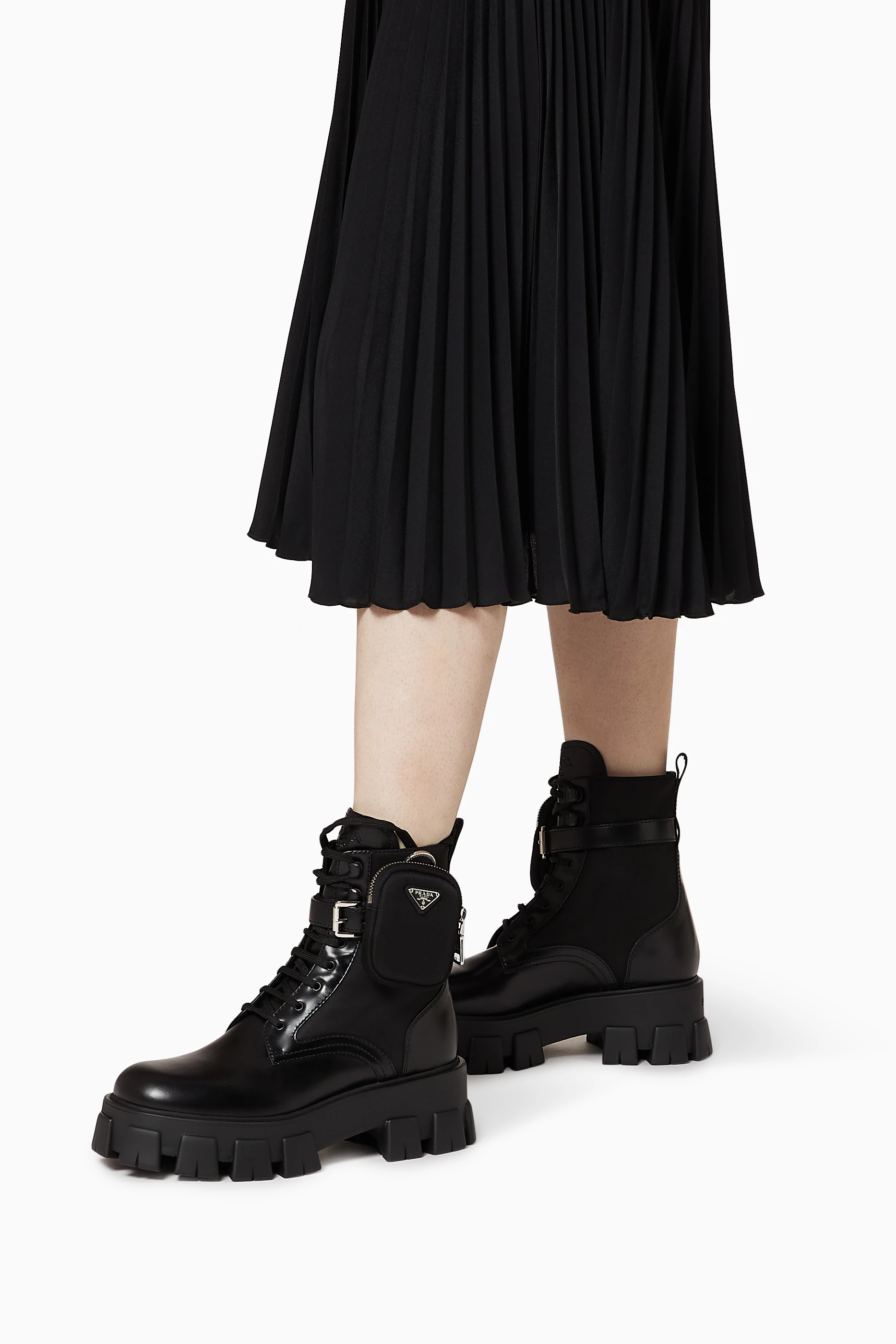 Buy Prada Black Combat Boots in Brushed Rois Leather & Nylon