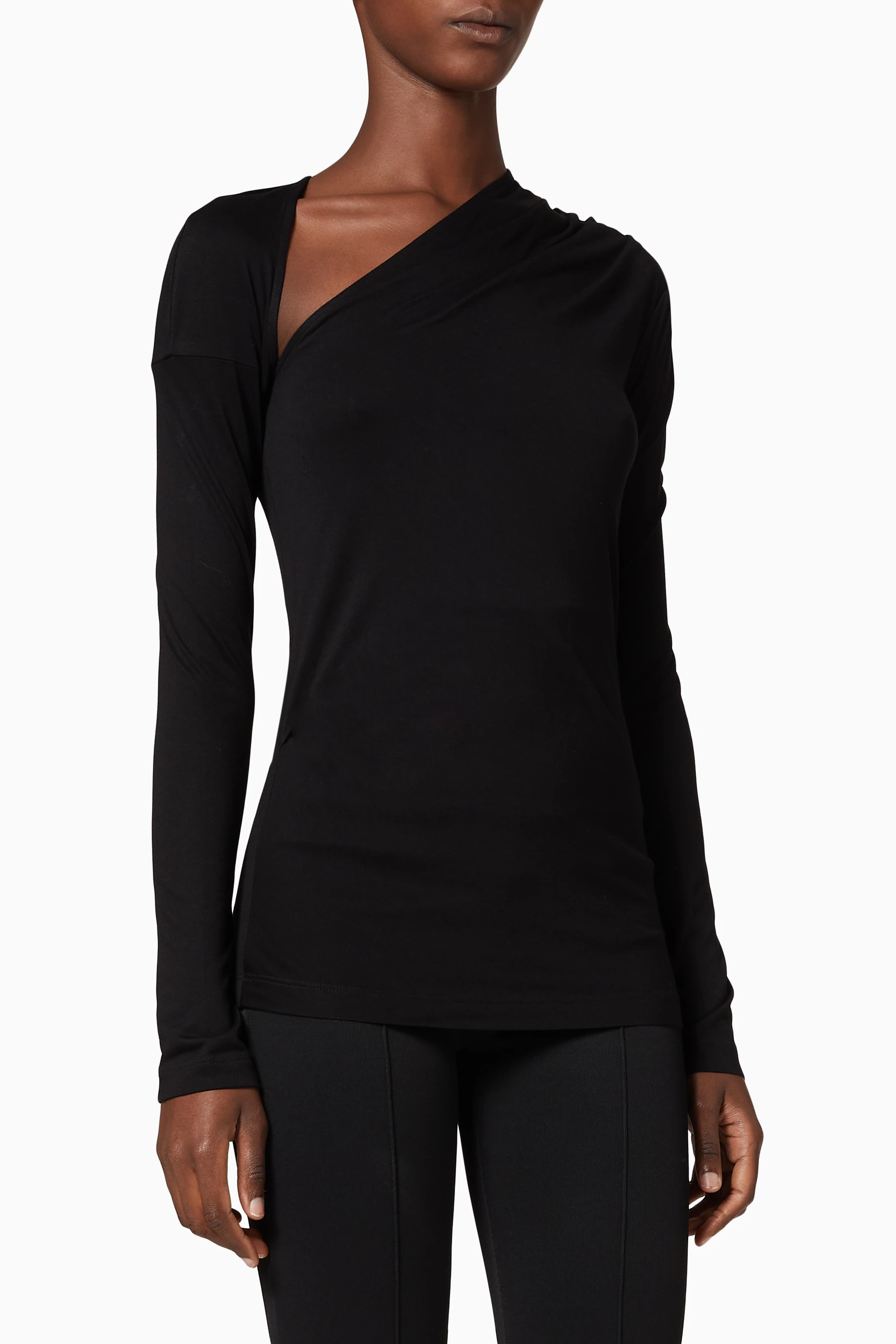 Buy Helmut Lang Black Asymmetric Long Sleeve Jersey Top For Women 