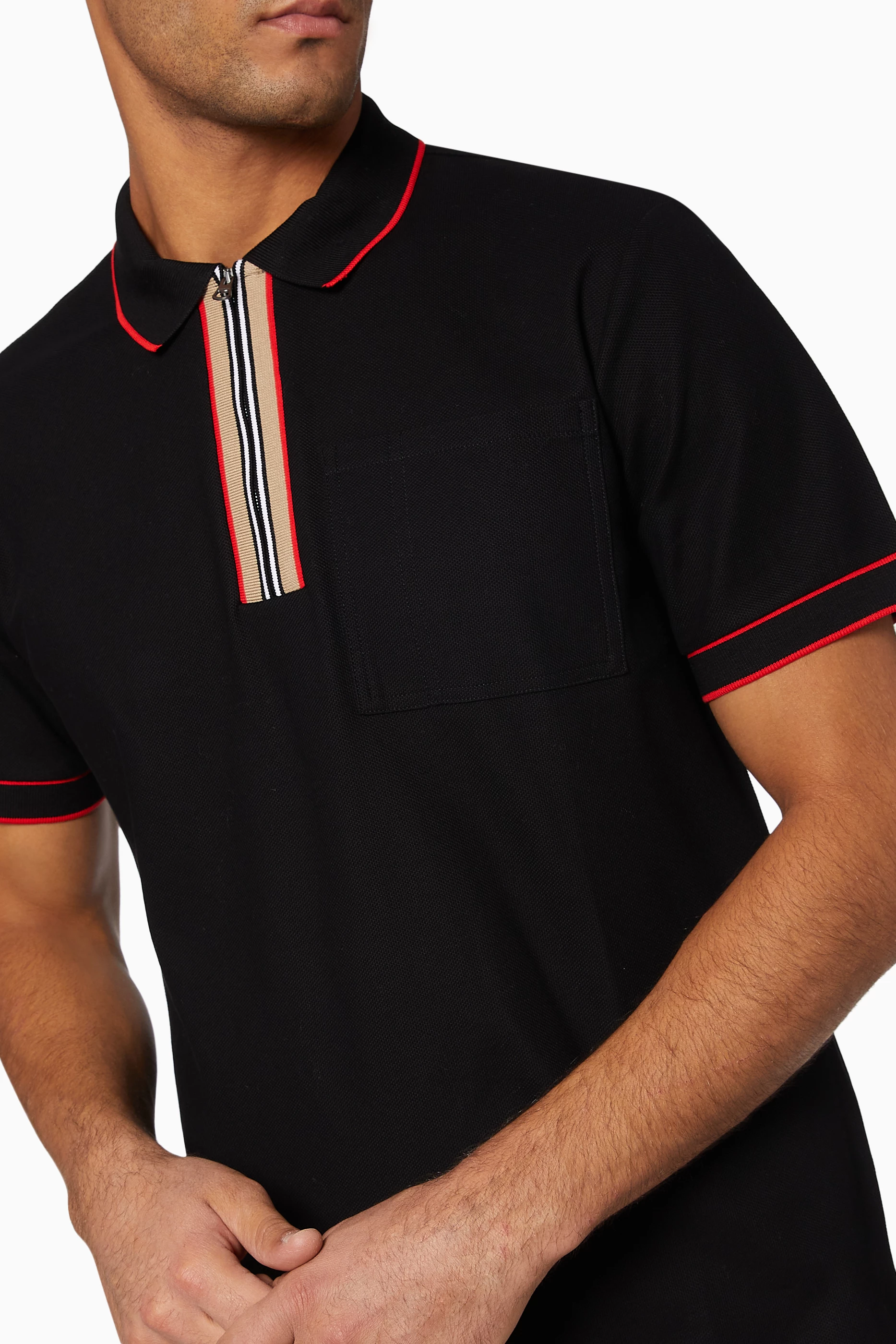 Buy Burberry Black Icon Stripe Cotton Zip Polo Shirt For Men
