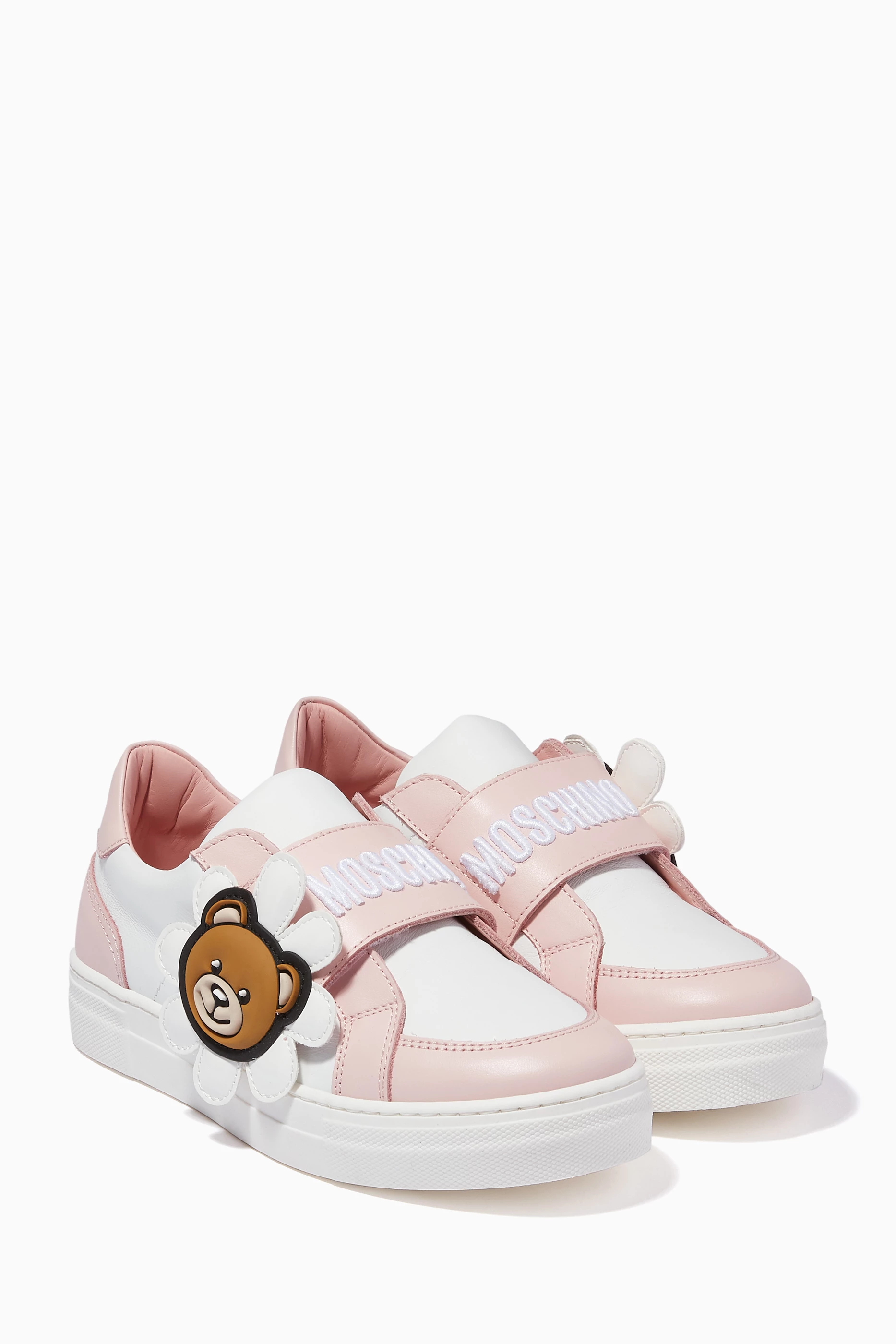 Buy Moschino White Teddy Bear Flower Sneakers in Leather For Girls Online Ounass Saudi