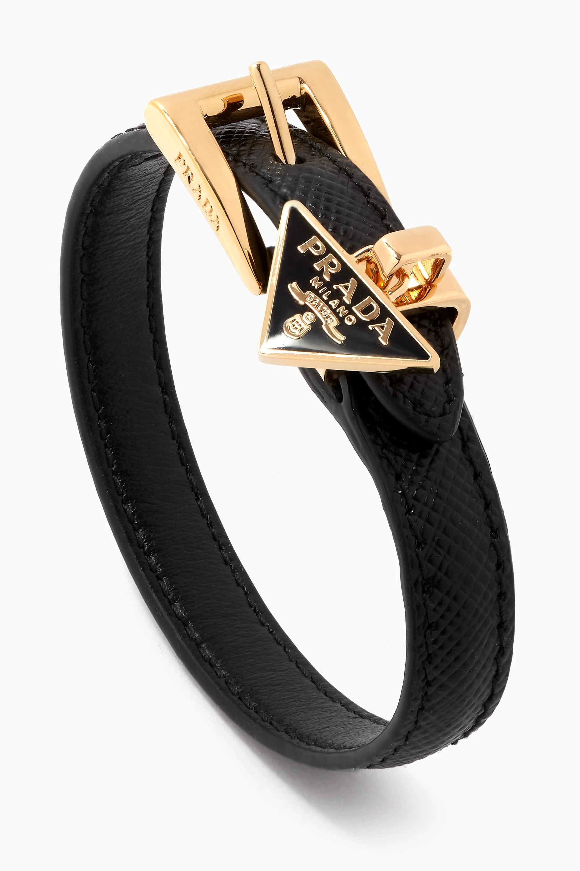 Buy Prada Black Triangle Logo Bracelet in Saffiano Leather