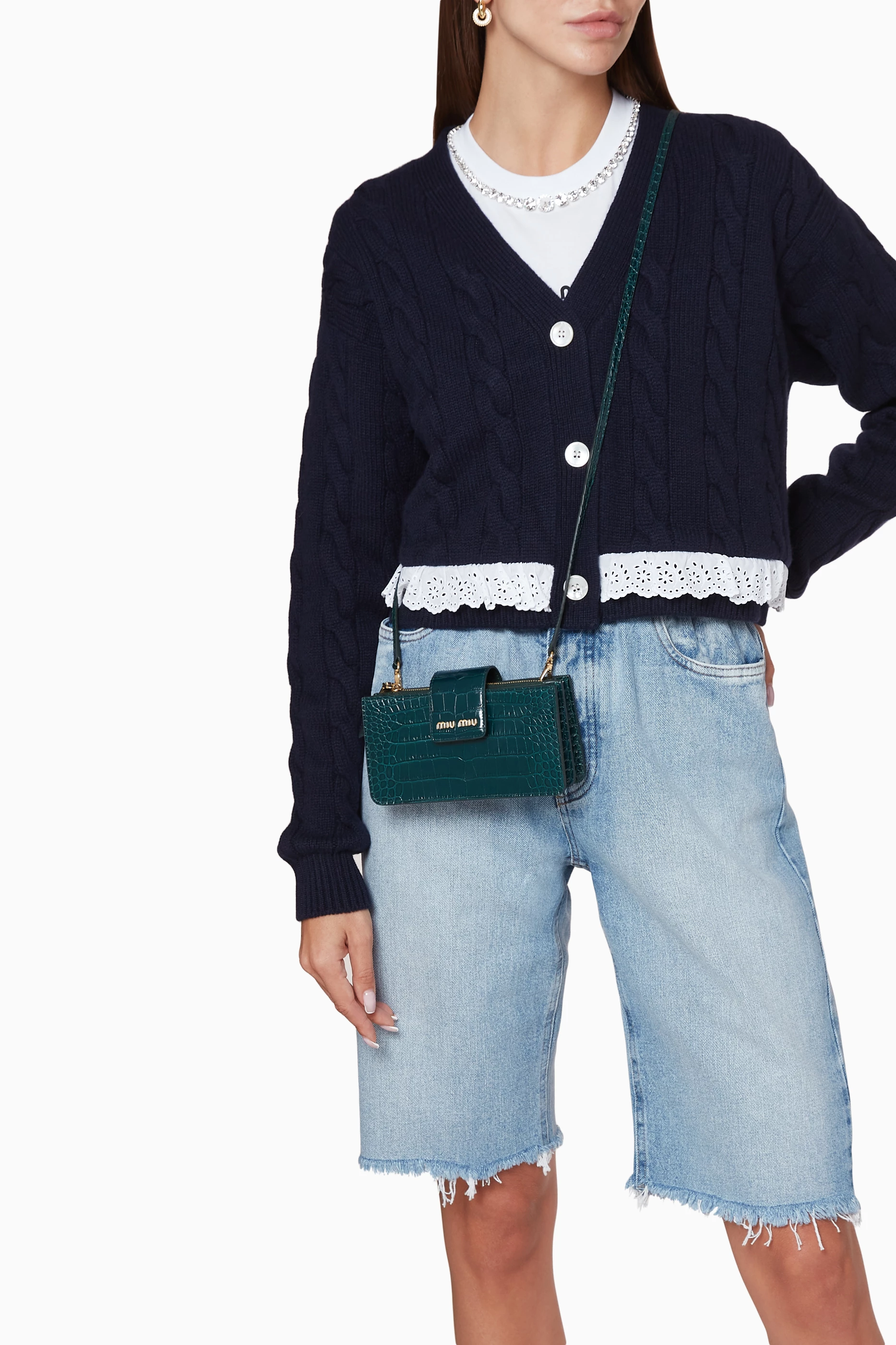 Buy Miu Miu Green Mini Shoulder Bag in Crocodile-Embossed Leather