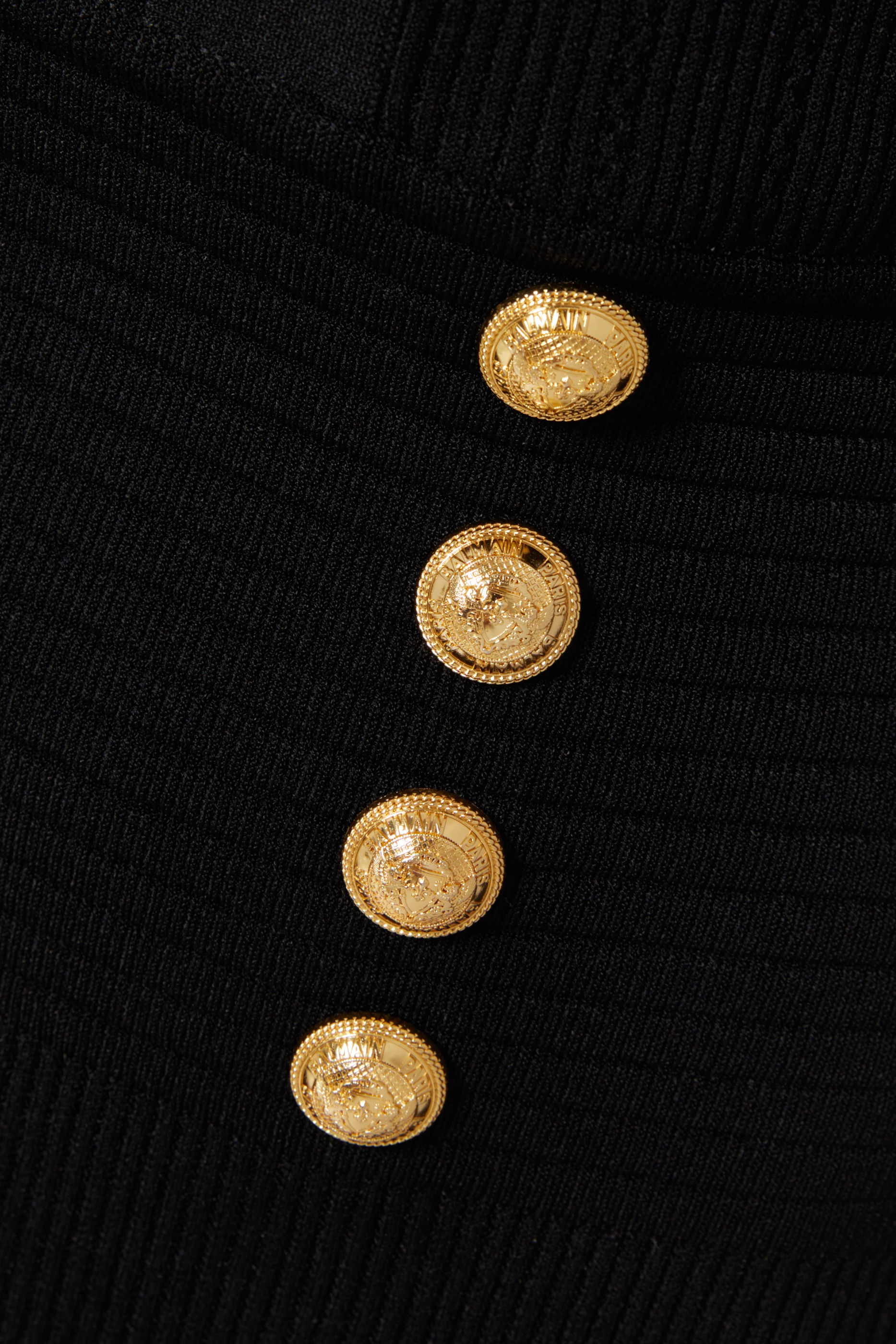 green emerald velvet dress Balmain Ribbed Knit Mini Dress with Gold Medallion Button