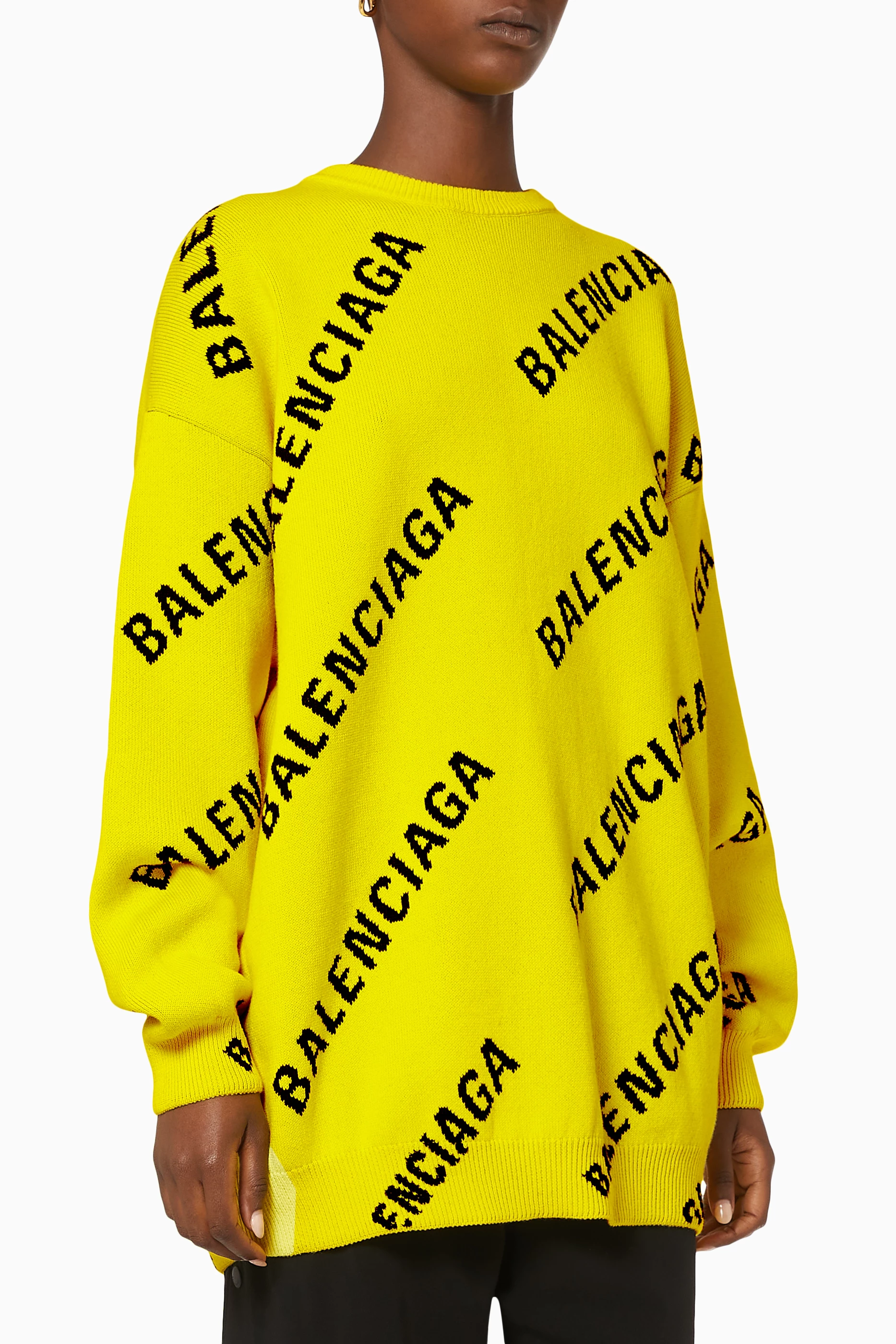 Buy Balenciaga Yellow Allover Logo Crewneck in Wool Jacquard Knit