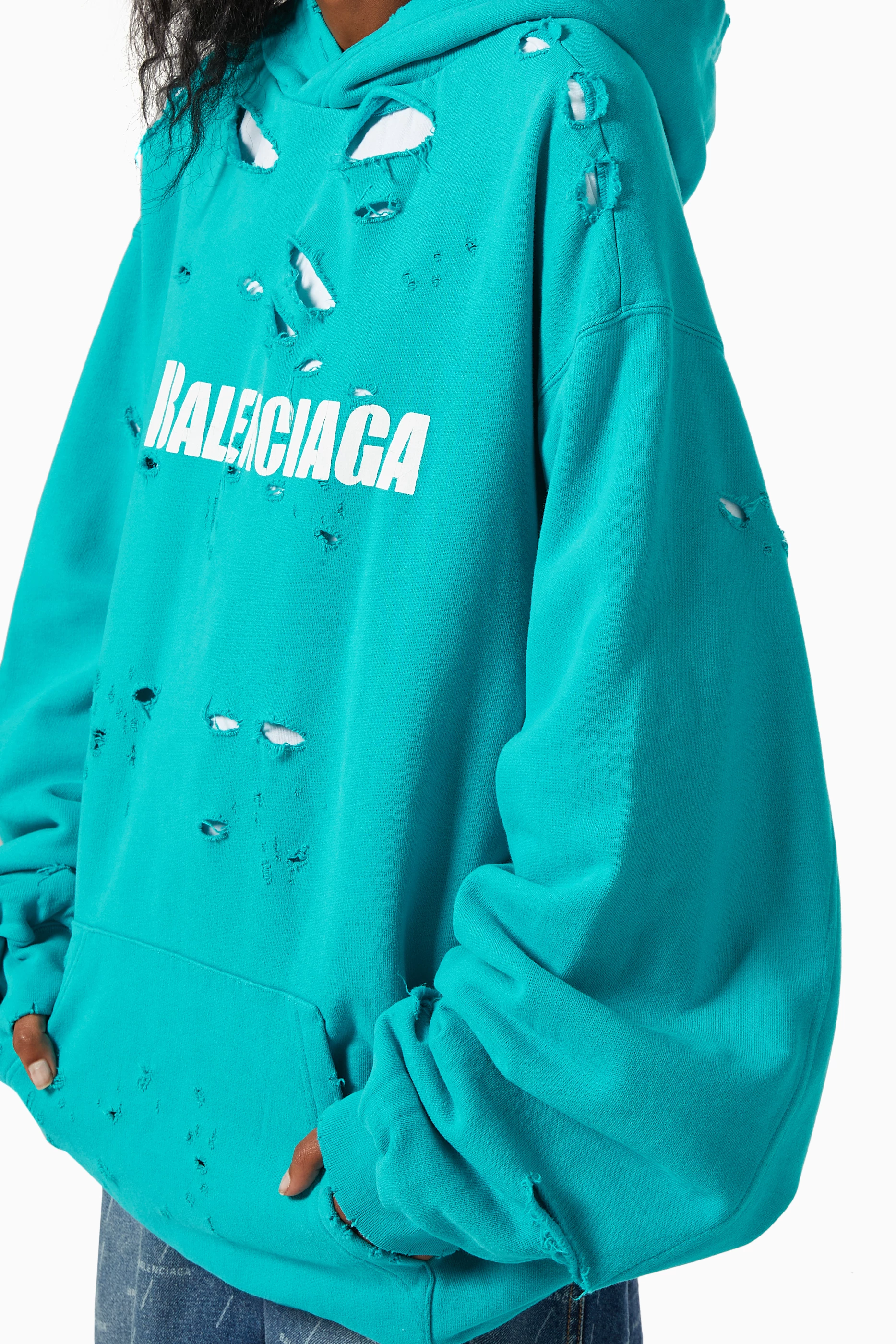 Buy Balenciaga Blue Caps Destroyed Oversized Hoodie in Organic 