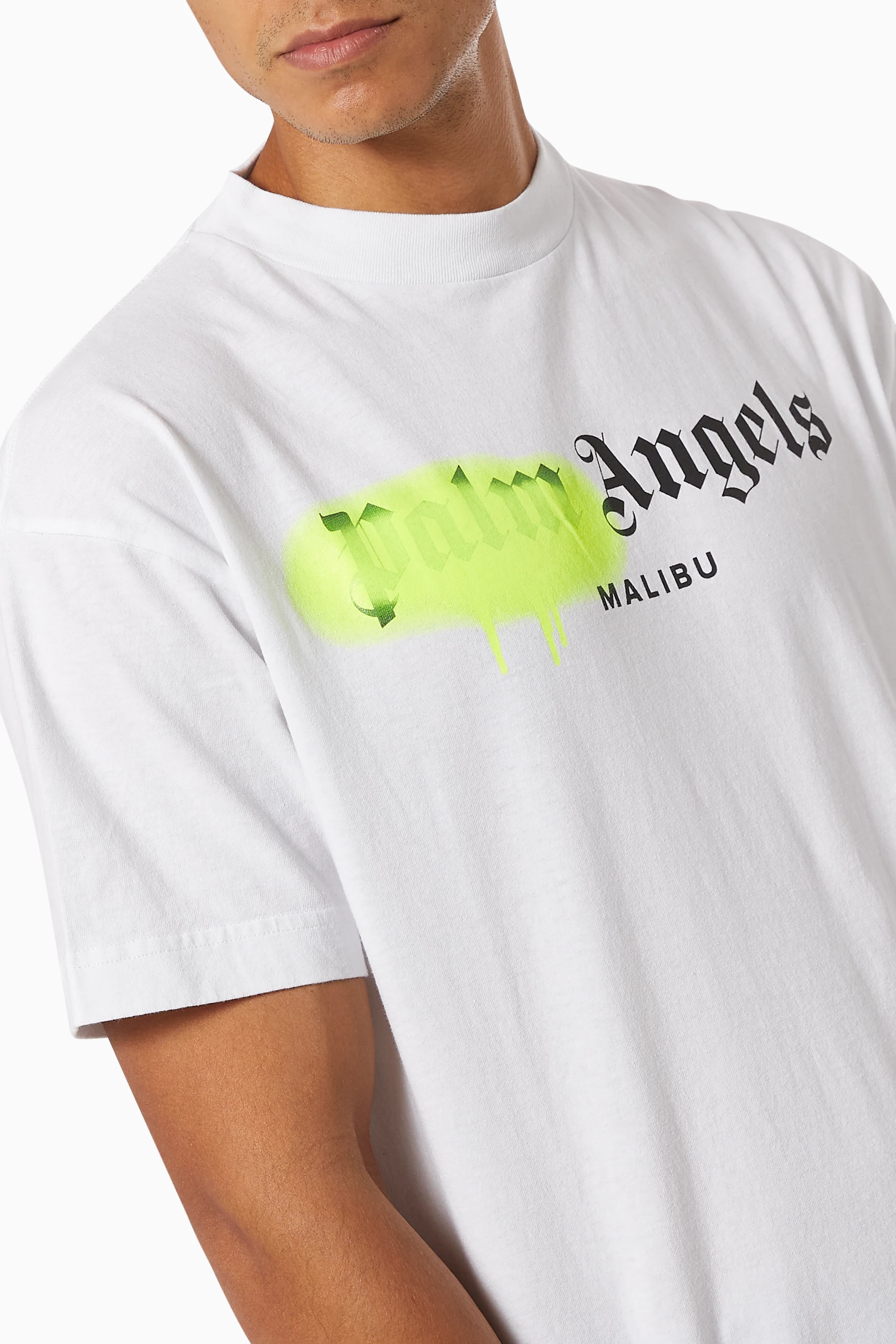 Buy Palm Angels White Malibu Sprayed Logo T-shirt in Cotton For