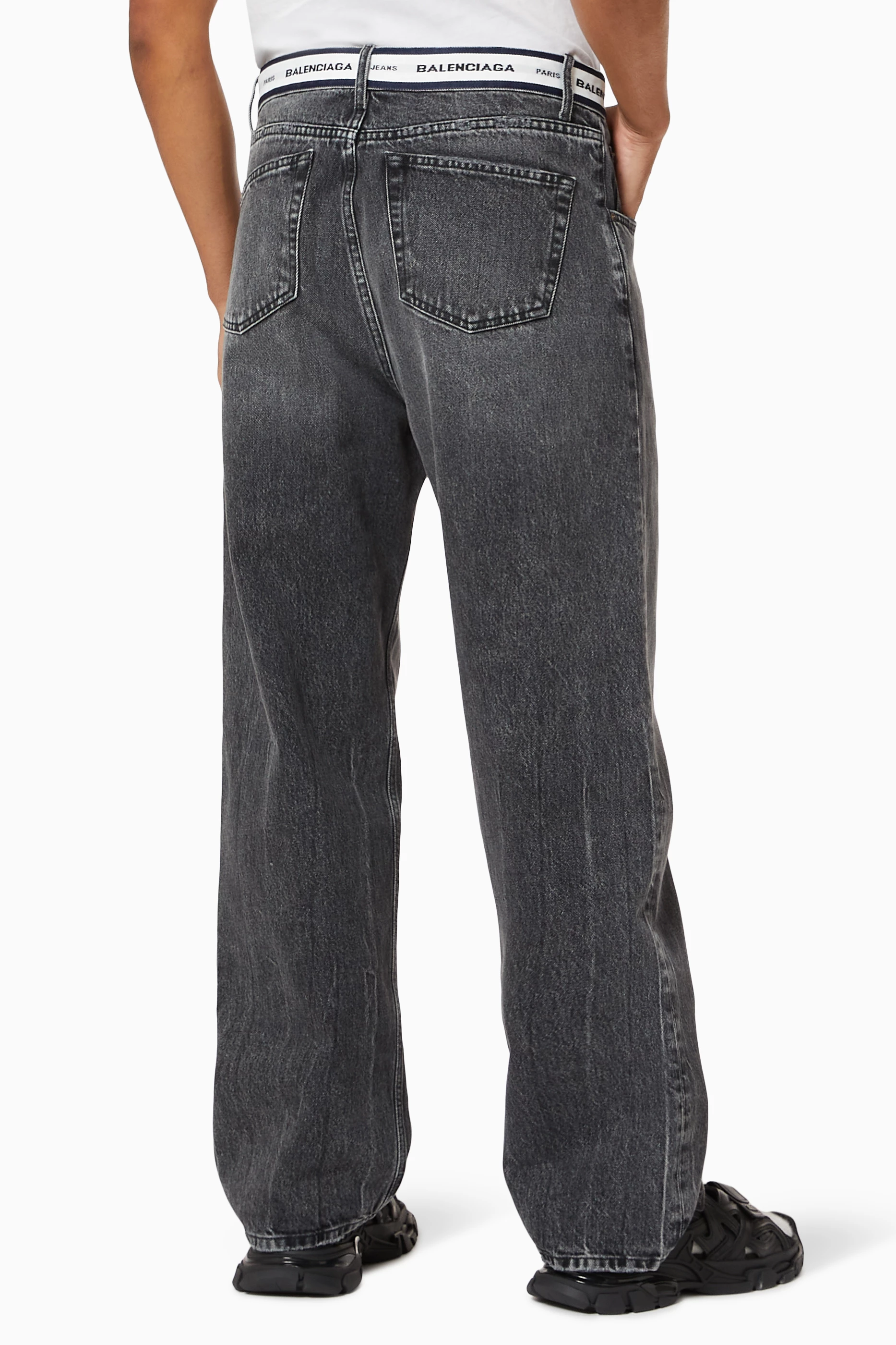 Buy Balenciaga Grey Logo Waistband Jeans in Organic Japanese