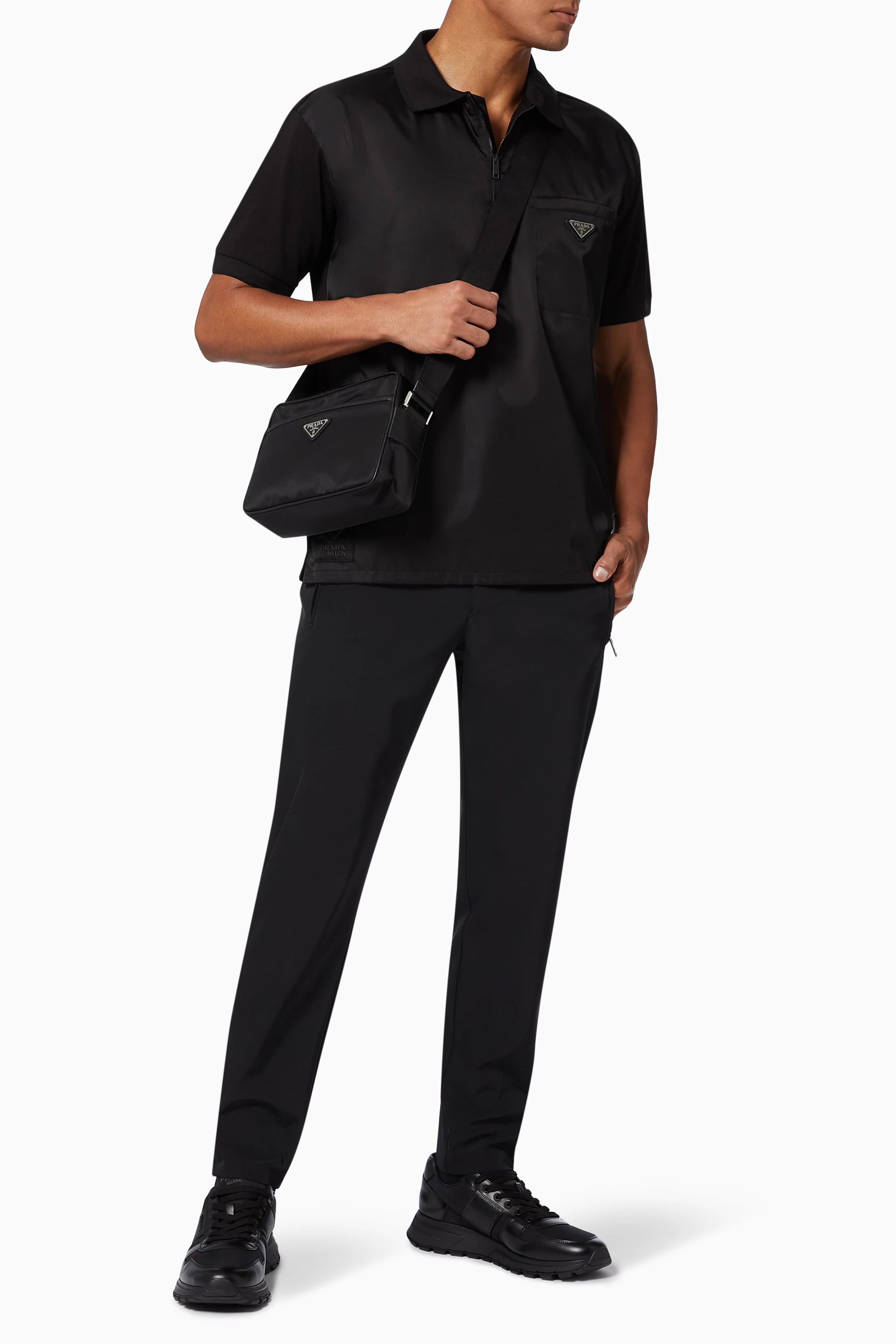 Buy Prada Black Triangle Logo Polo Shirt in Re-Nylon & Cotton For