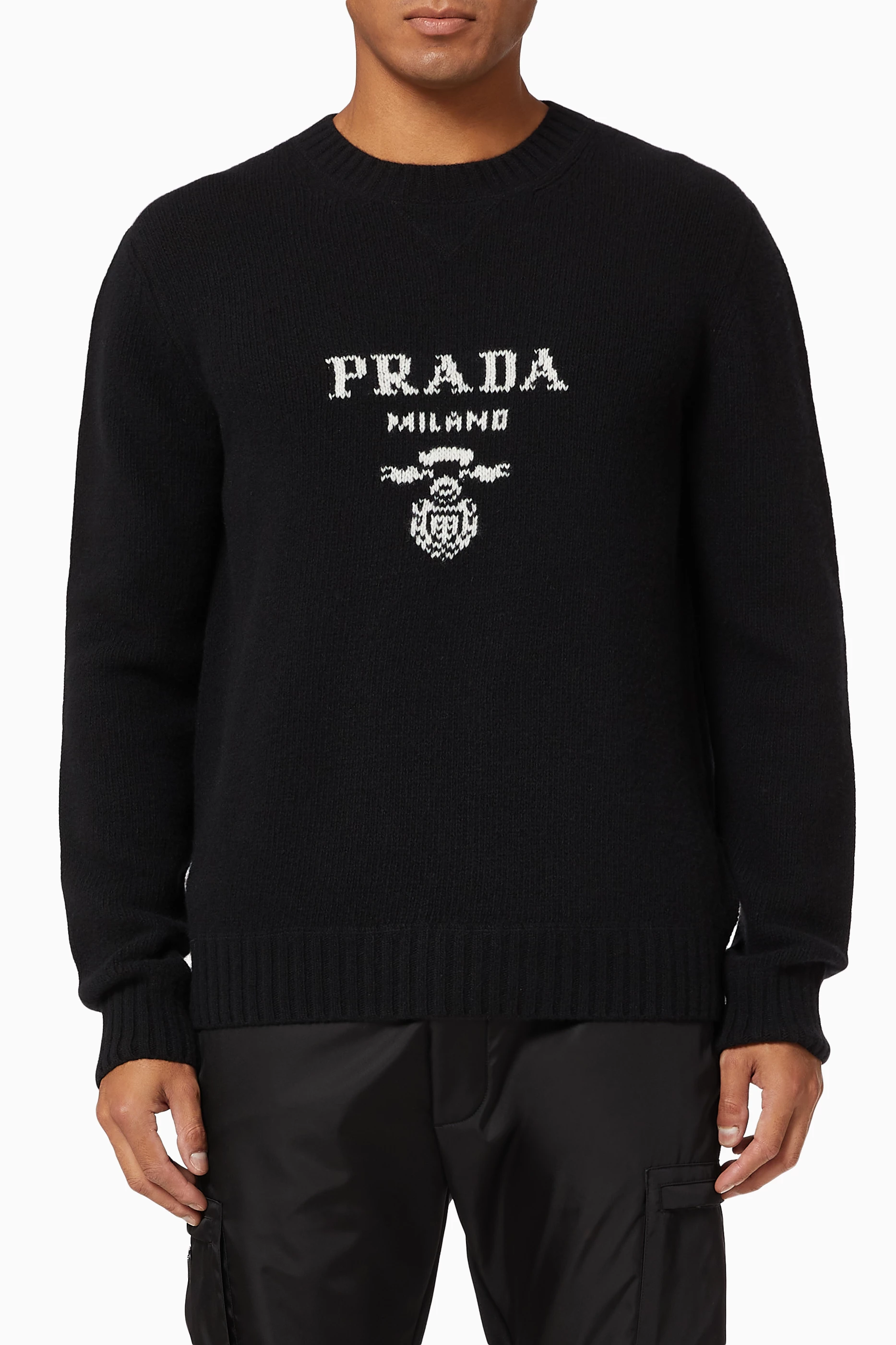 Buy Prada Black Logo Crewneck Sweater in Wool Cashmere Knit For Men Online Ounass Saudi