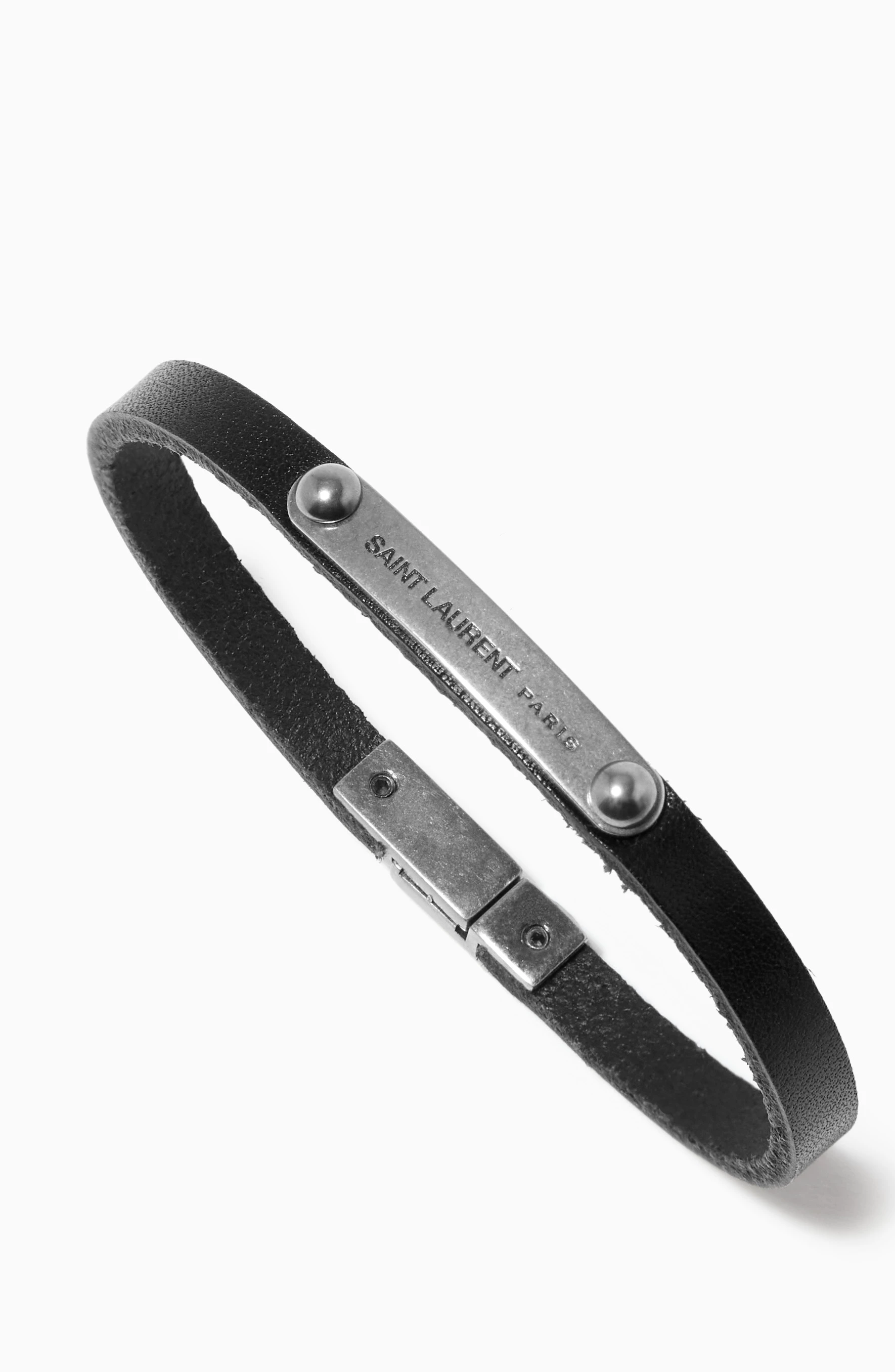 Saint laurent id plaque bracelet in black leather hot sale