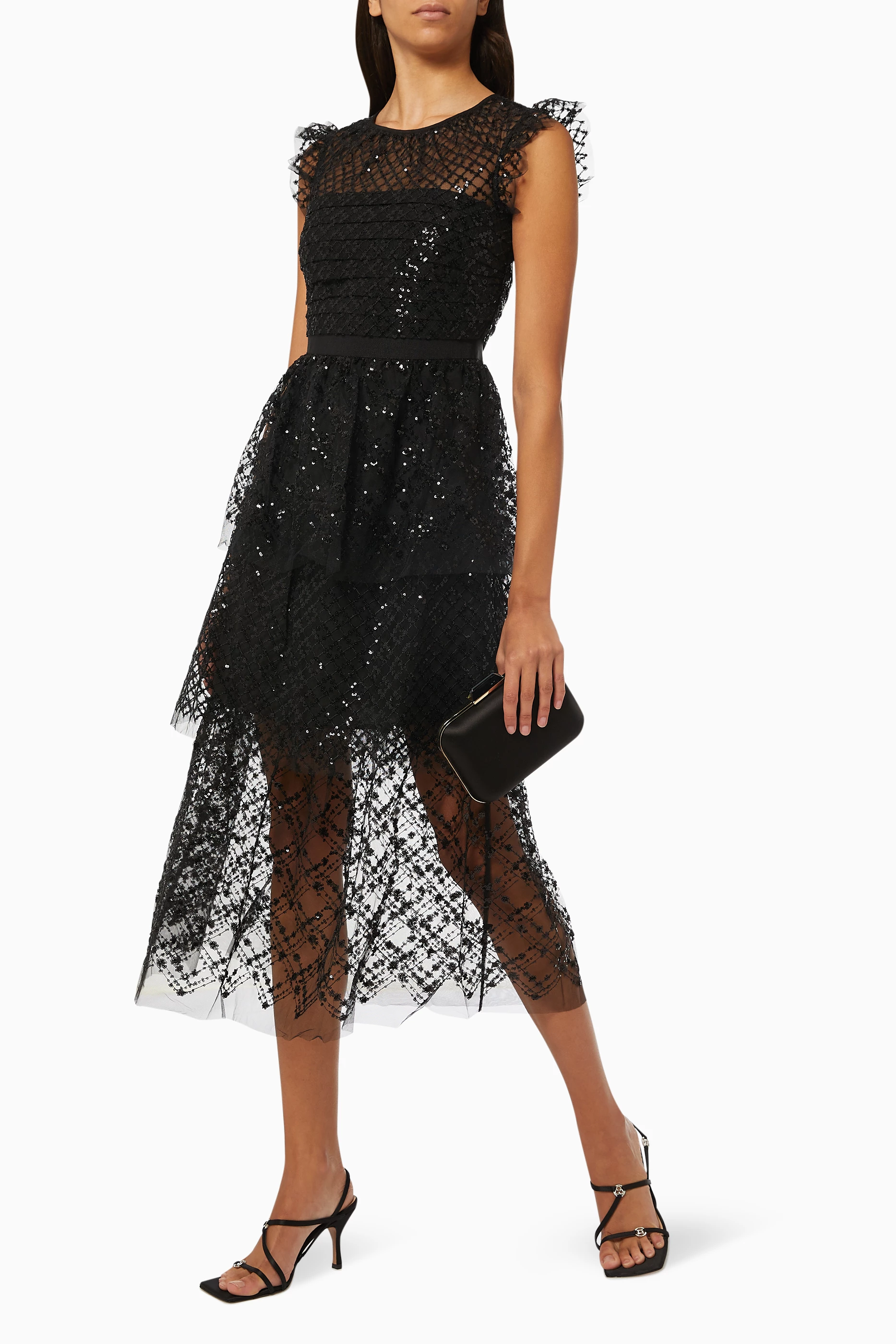 knee length dresses for ladies Silver Rhinestone Mesh Midi Dress – self-portrait main image 1