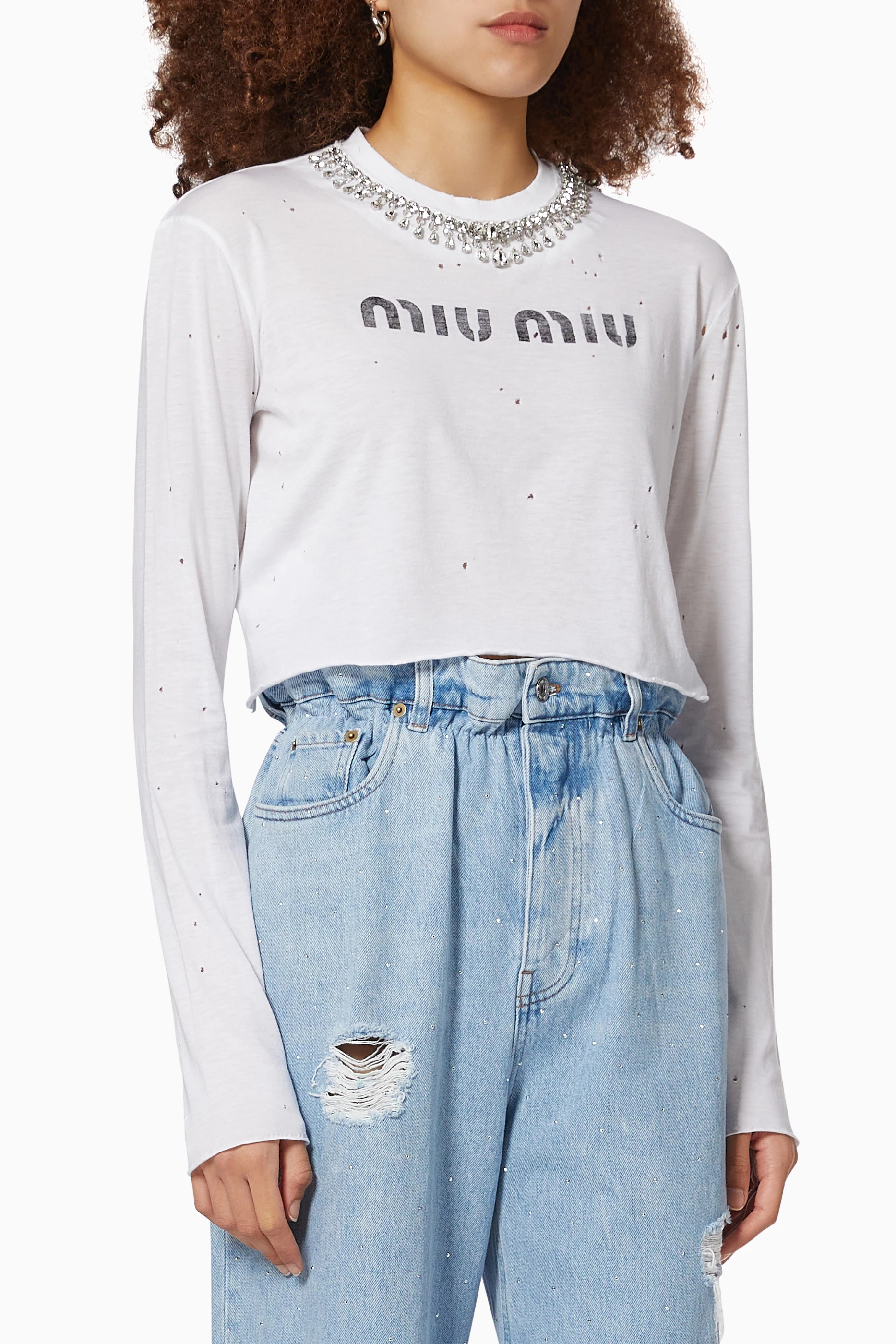 ★MiuMiu★ Embroidered Crop Cotton T-Shirt White Crystal MJN Buy Miu Miu White Crystal Embroidered Crop T-shirt in Cotton