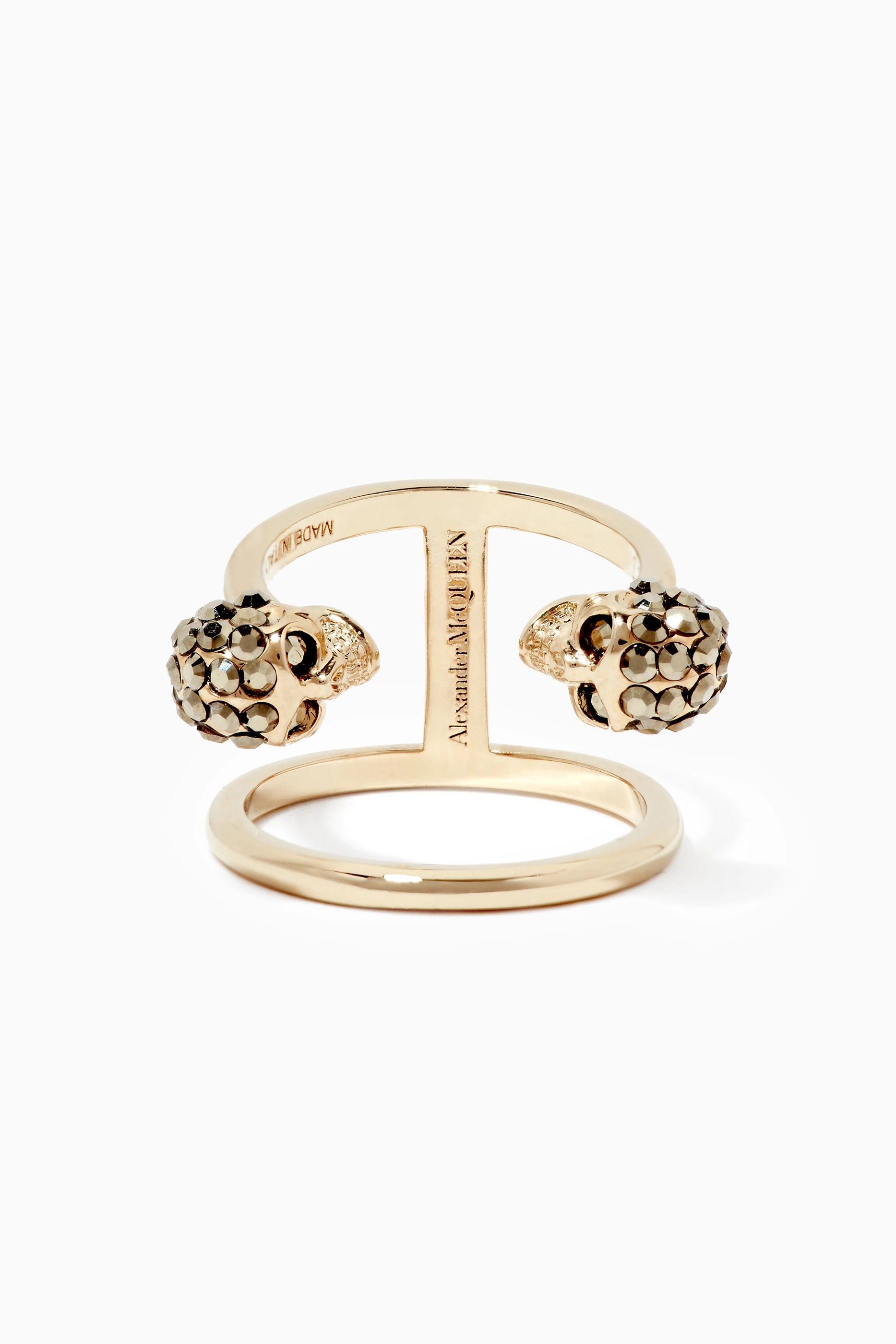 Buy McQueen Yellow Twin Skull Double Ring in Gold-tone Brass