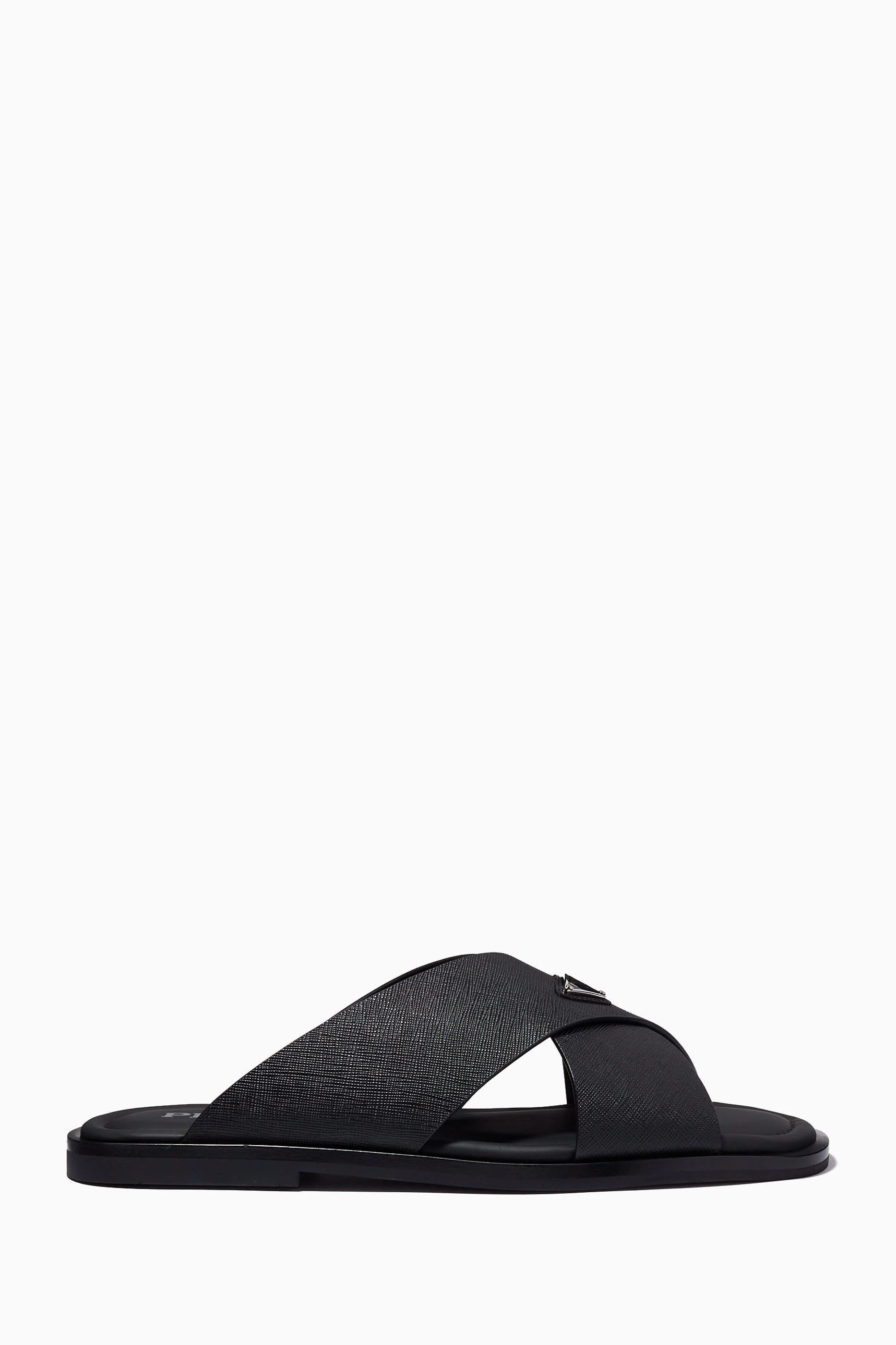 Buy Prada Black Triangle Logo Crisscross Sandals in Saffiano