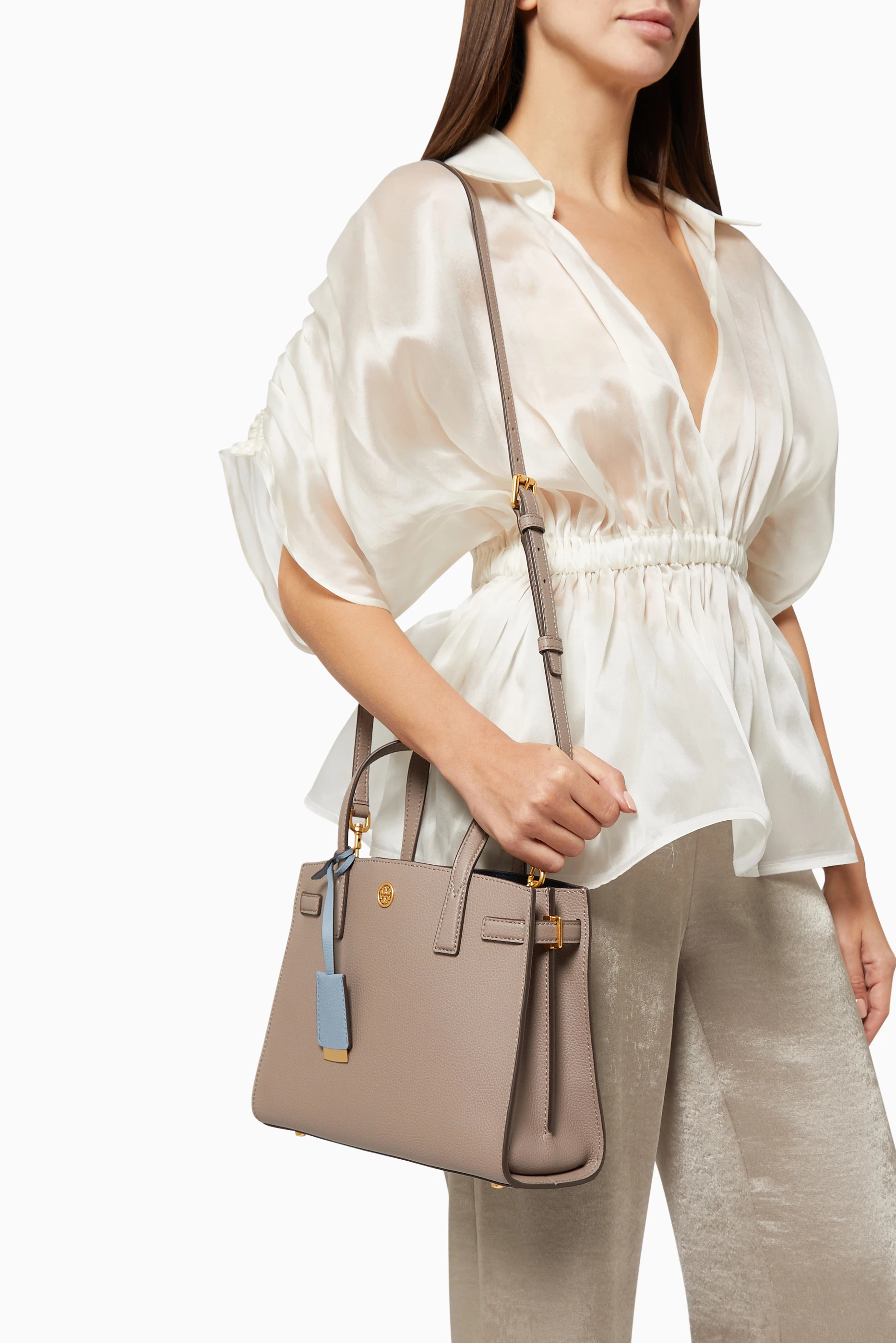 Buy Tory Burch Grey Walker Small Satchel Bag in Leather For Women 