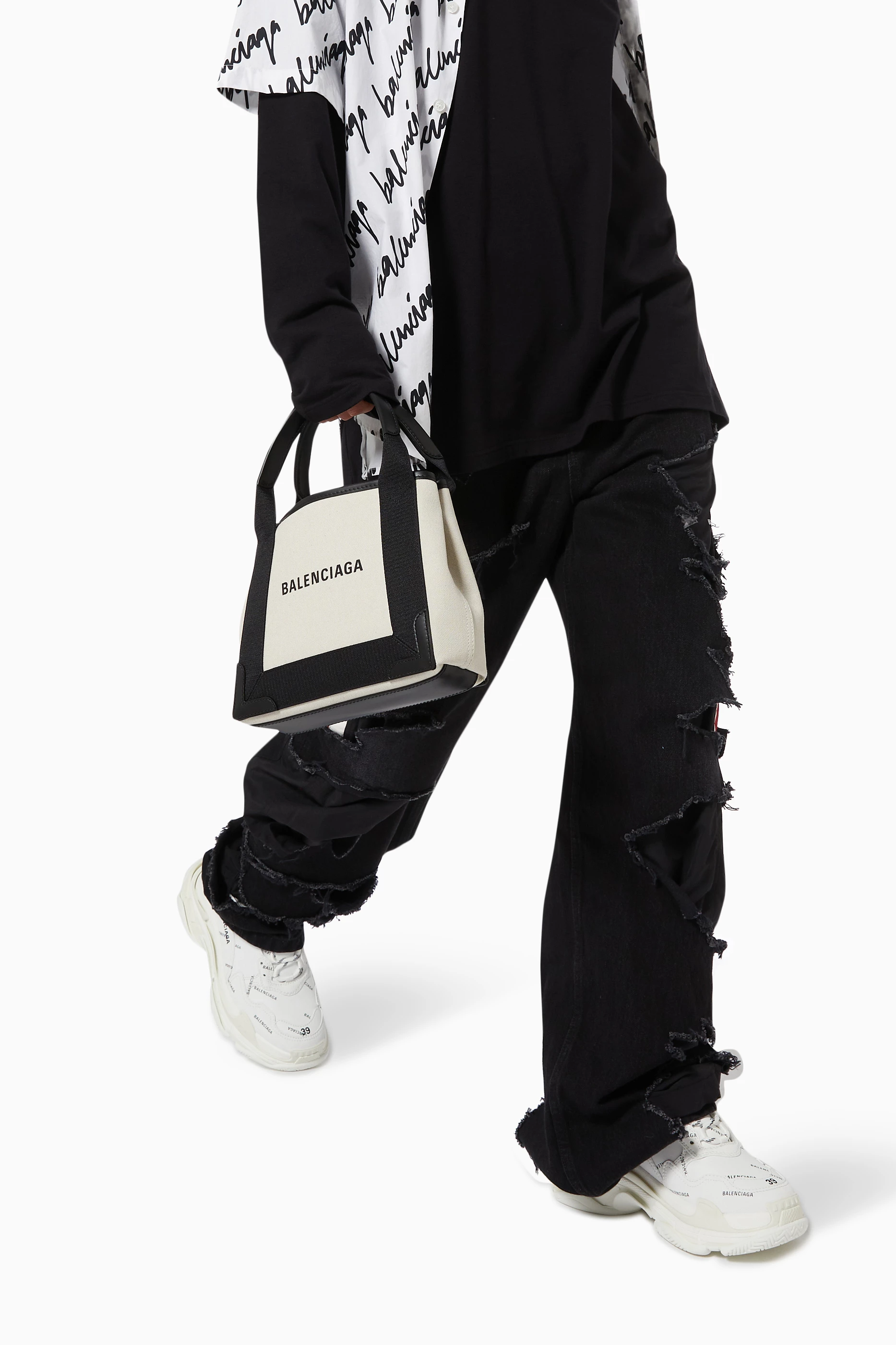 Buy Balenciaga Black Navy Cabas XS Bag in Organic Cotton