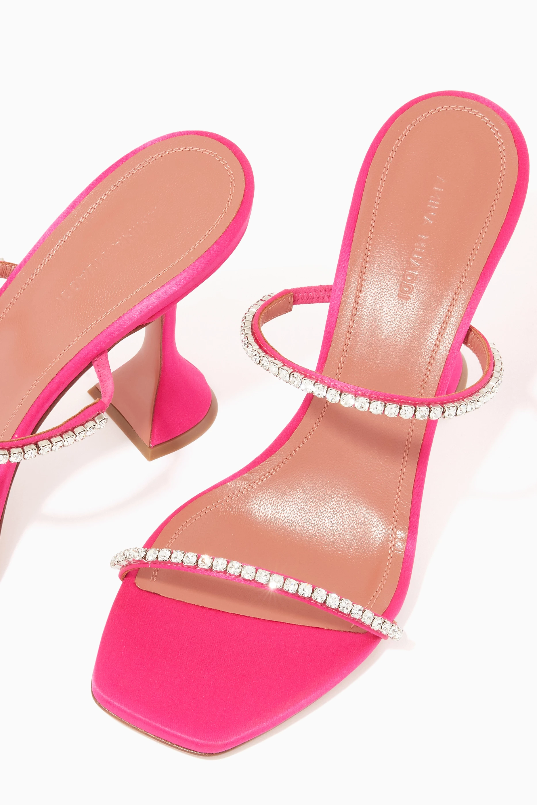 Buy Amina Muaddi Pink Gilda 95 Slipper Mules in Satin For