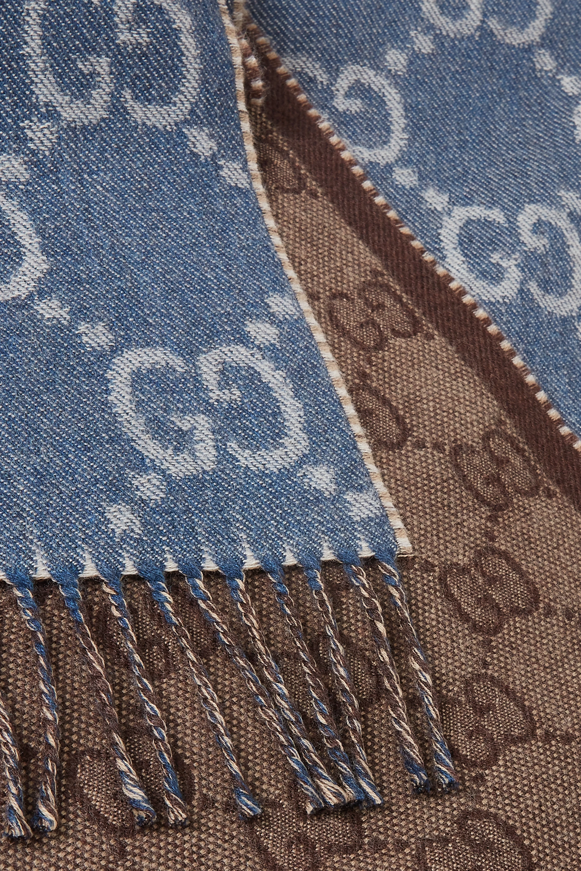 Buy Gucci Blue Scarf with Tassels in GG Wool Jacquard Knit