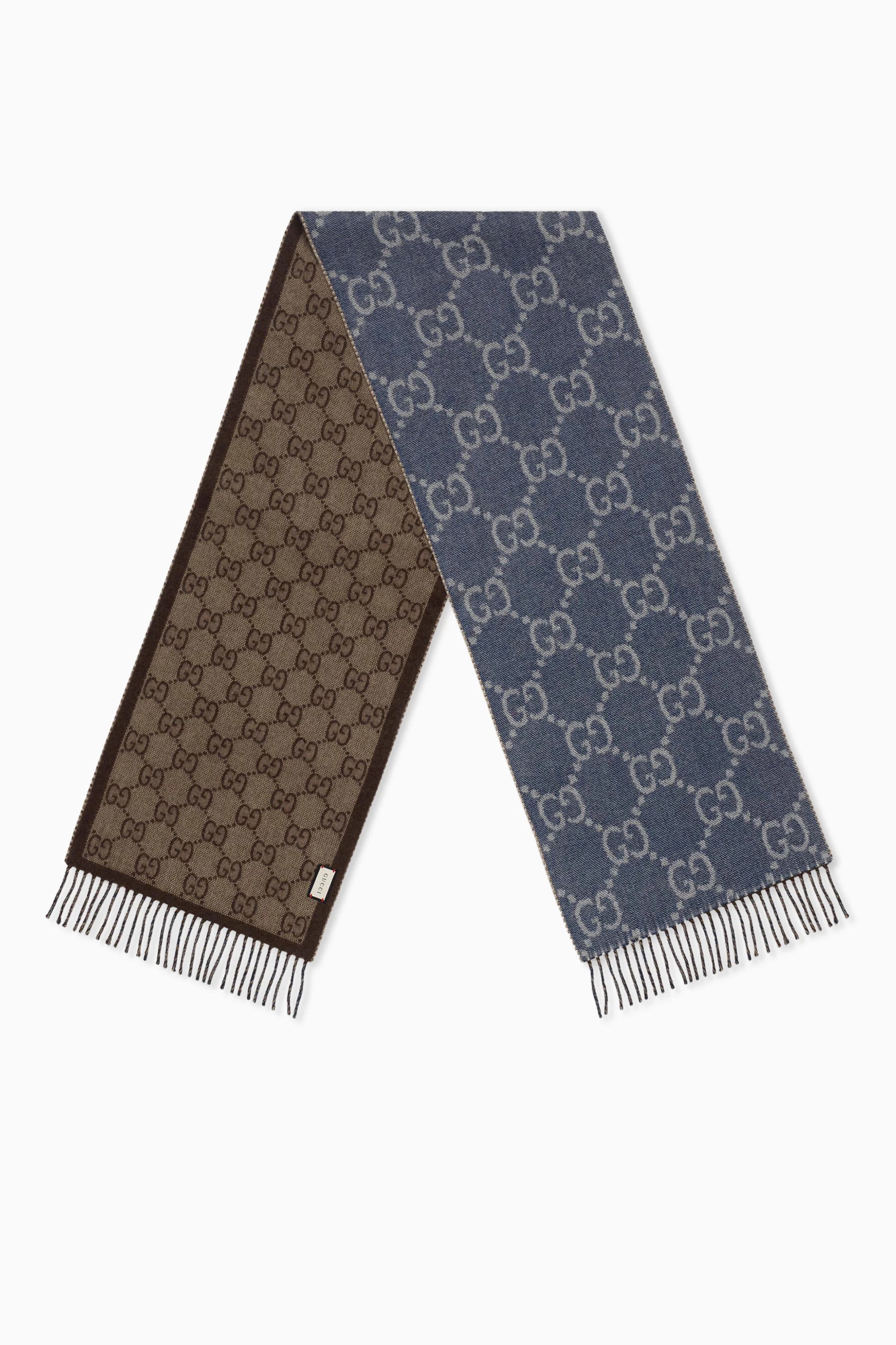 Buy Gucci Blue Scarf with Tassels in GG Wool Jacquard Knit For