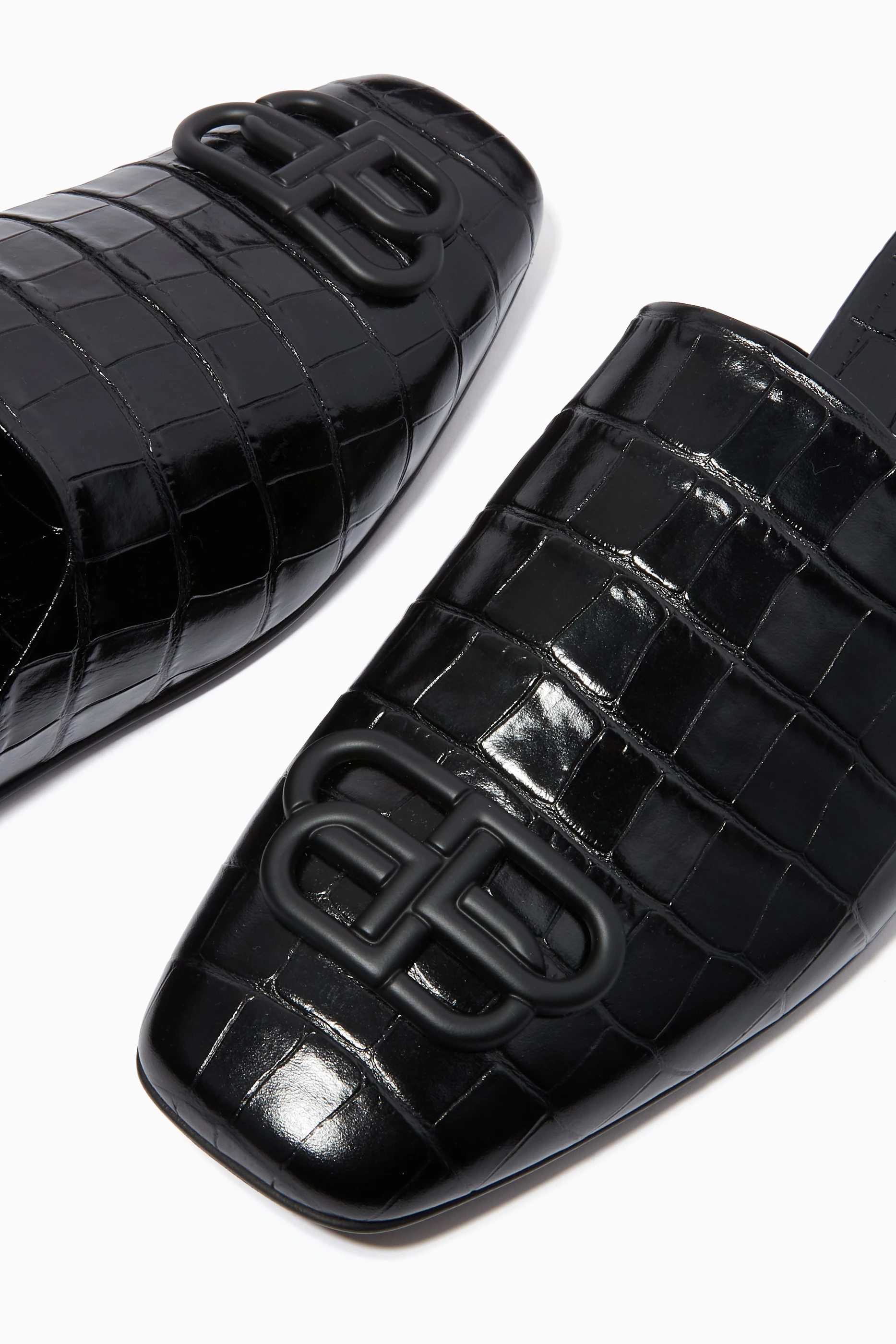 Buy Balenciaga Black Cosy BB Mules in Croc-embossed Leather 