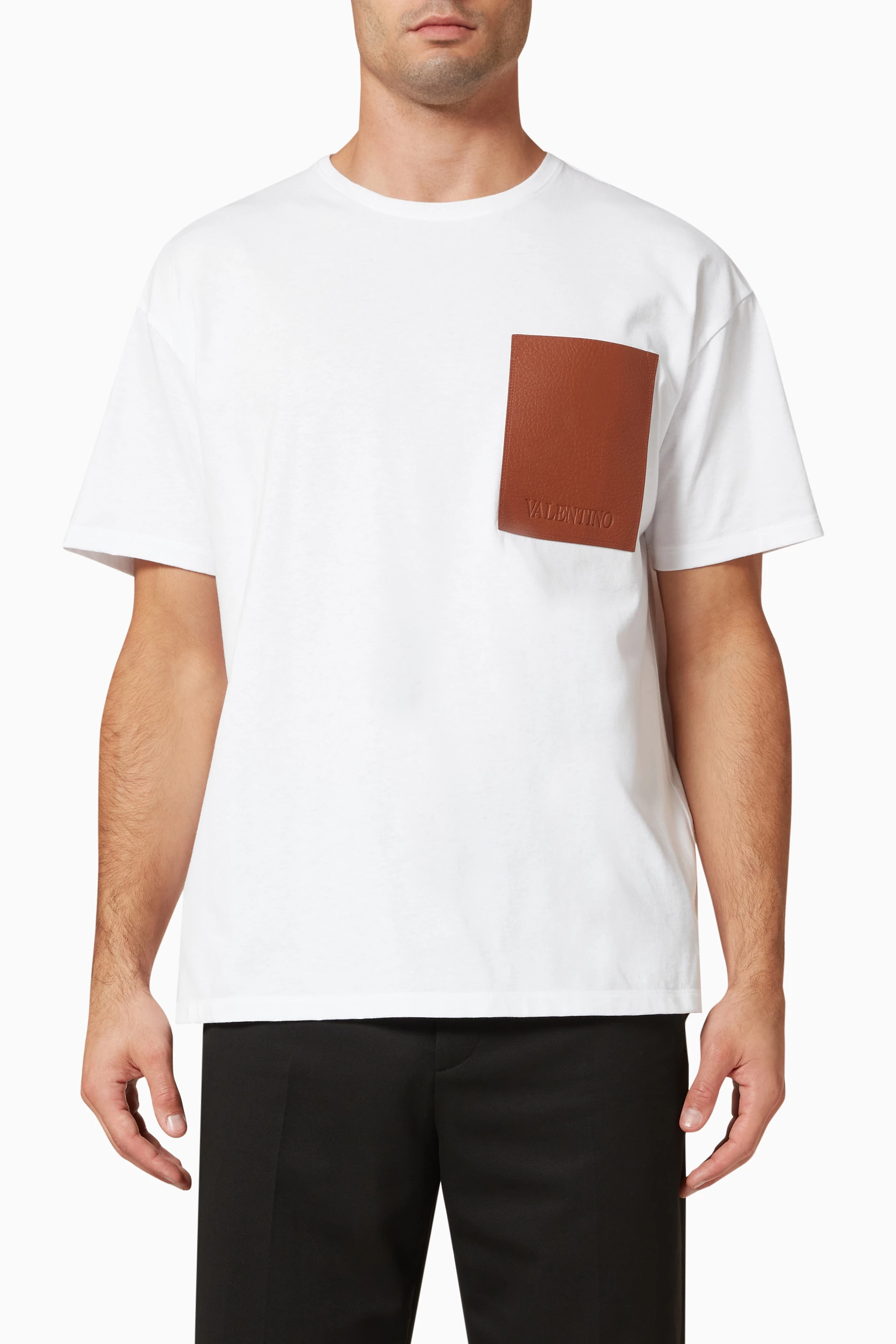Buy Valentino Garavani White Leather Patch Pocket T-shirt in 