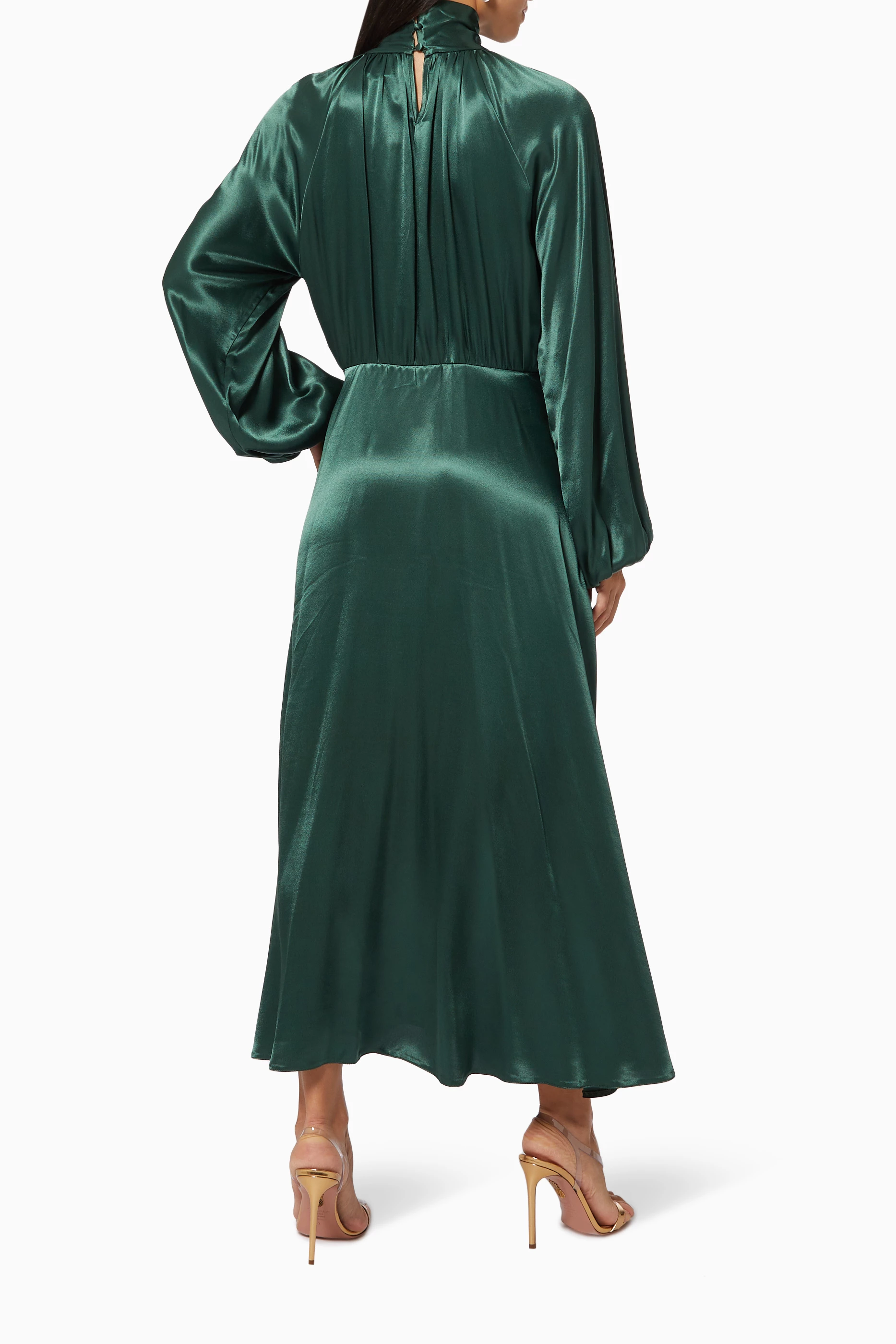 chinese dress ladies Deep Green Cinched Long Sleeve Satin Dress  PinkBlush