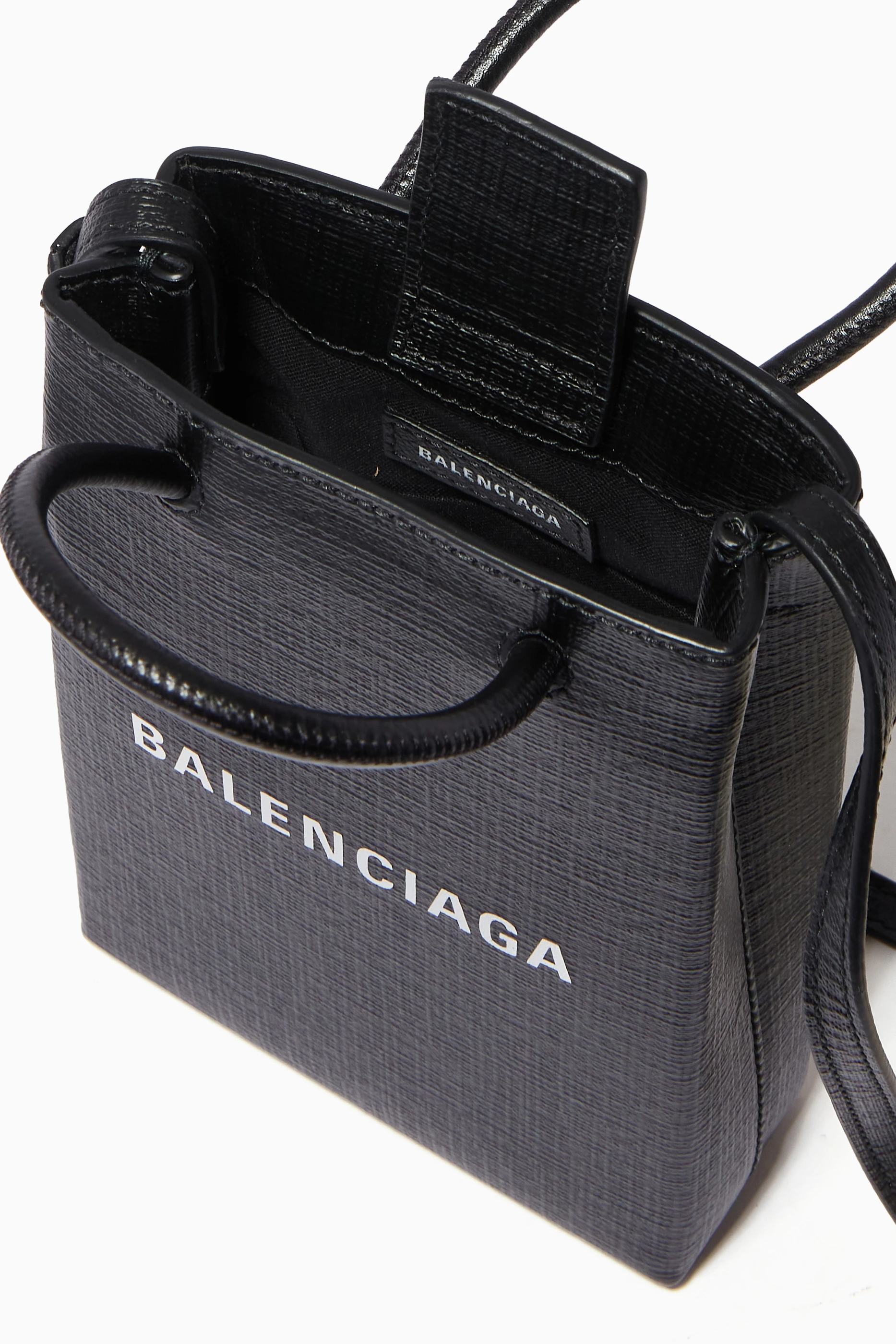 Buy Balenciaga Black Shopping Phone Holder Bag in Squared Calfskin