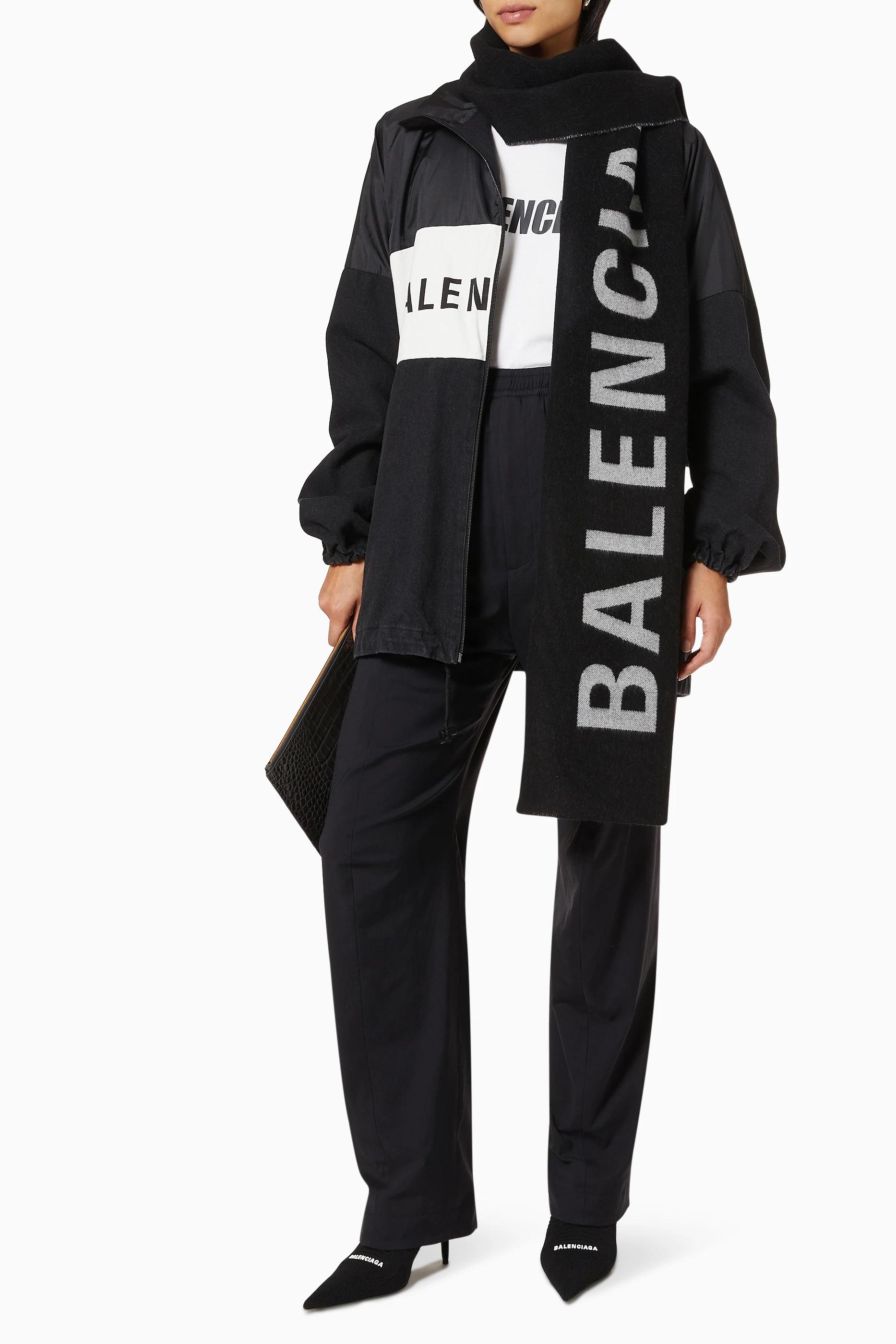 Buy Balenciaga Black Logo Zip Jacket in Nylon & Denim For Women
