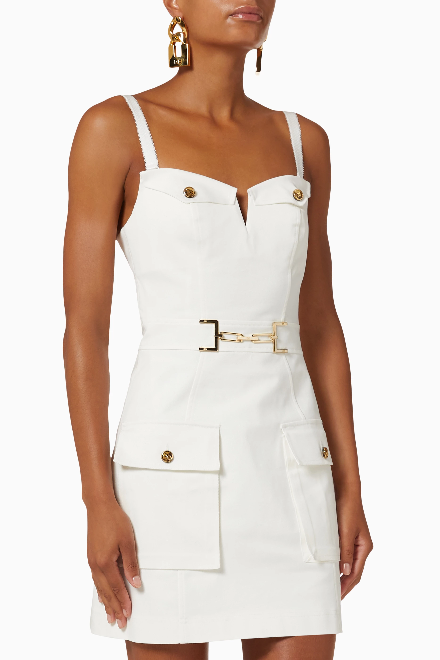 Buy Elisabetta Franchi White Utility Mini Dress in Cotton