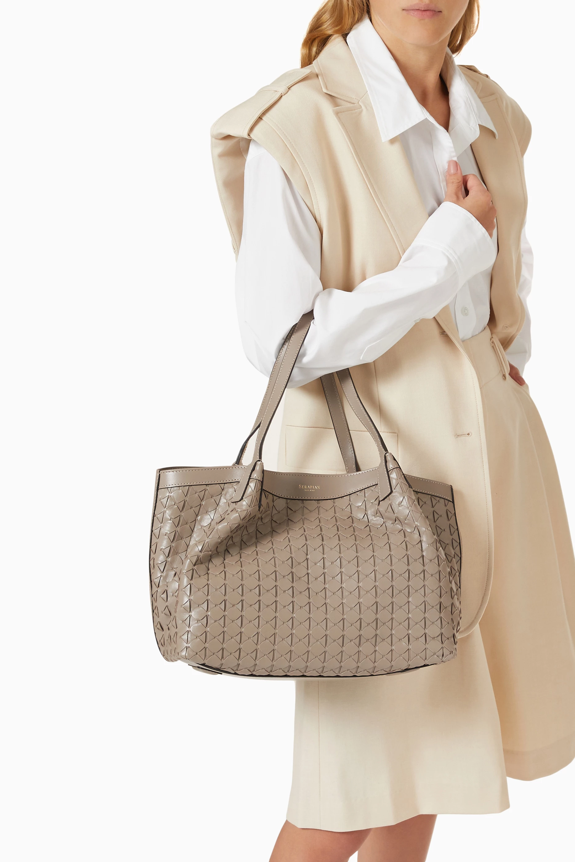 Buy Serapian Neutral Small Secret Tote Bag in Mosaico Leather For